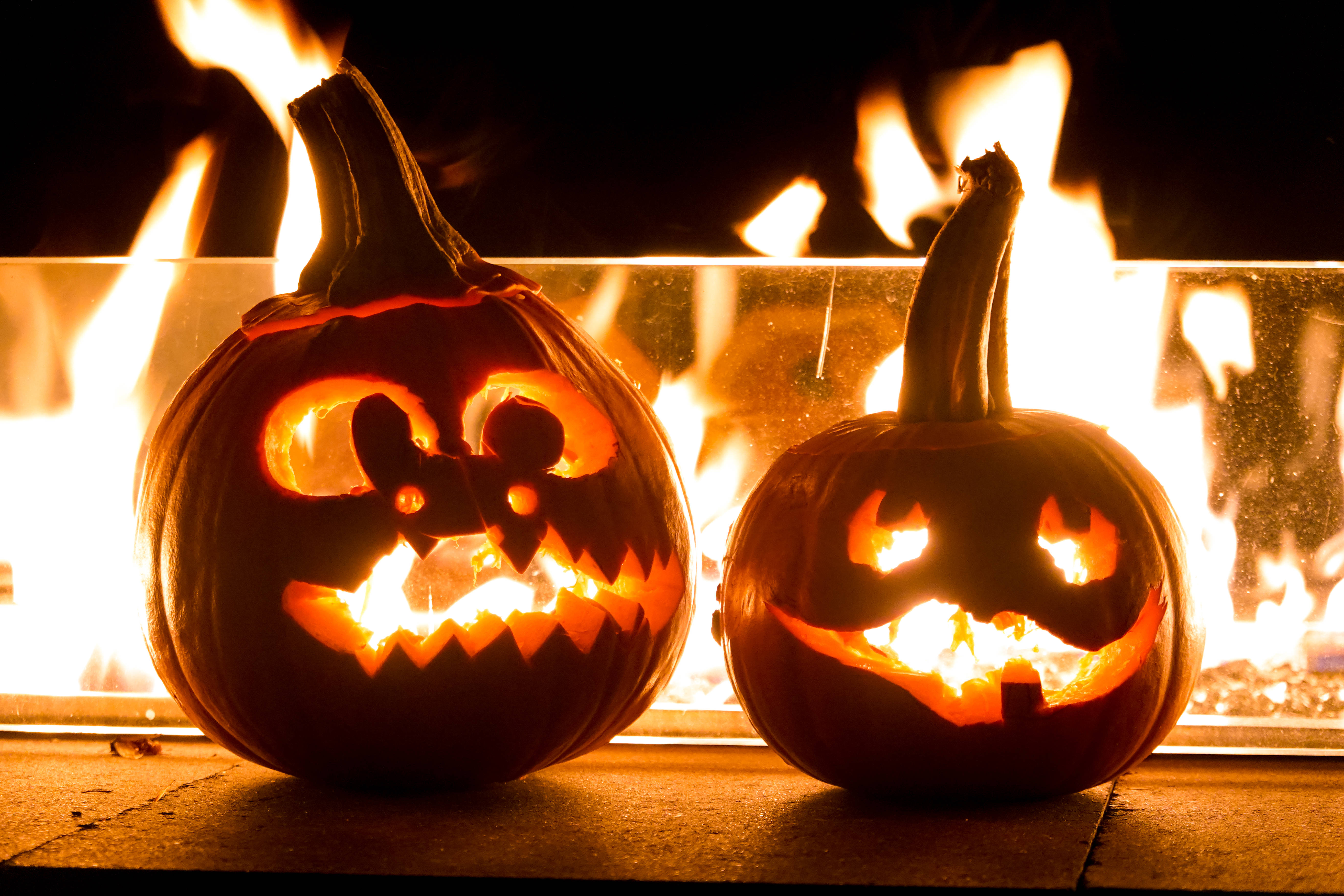 Scary Halloween, carved pumpkins, burning, 5K Desktop Wallpaper