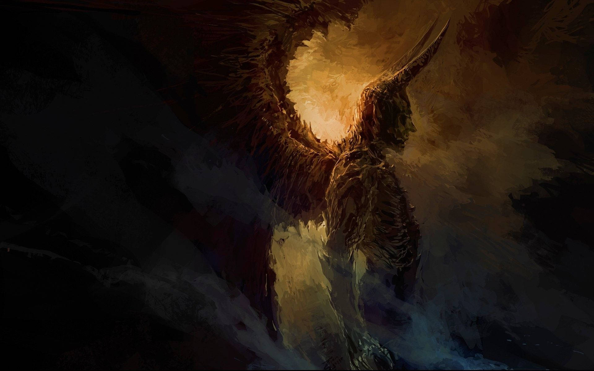 scary halloween winged demon, dark-winged demonic figure, glowing horns, Full HD Desktop Wallpaper