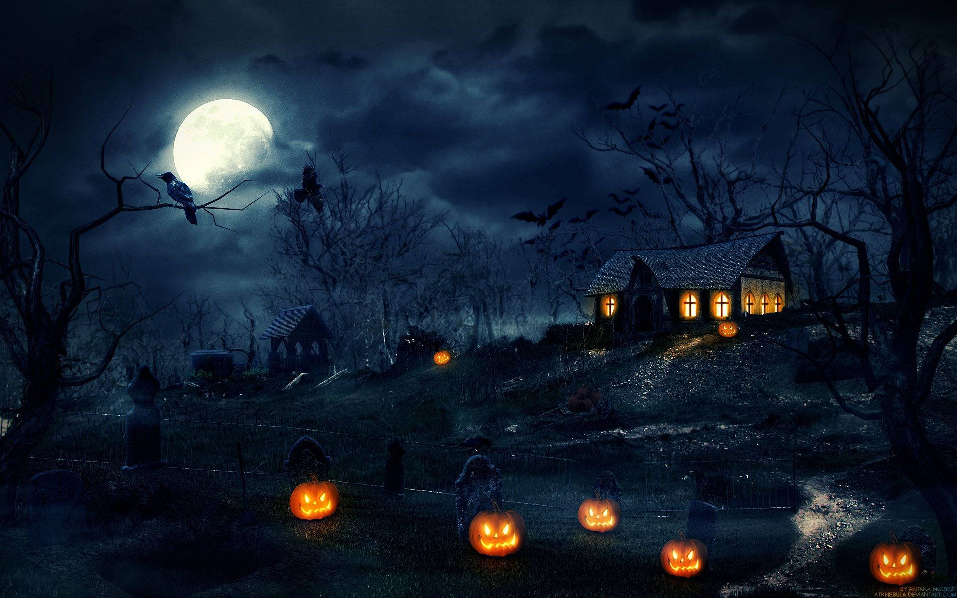scary halloween cabin, full moon, jack-o-lanterns, Full HD Desktop Wallpaper