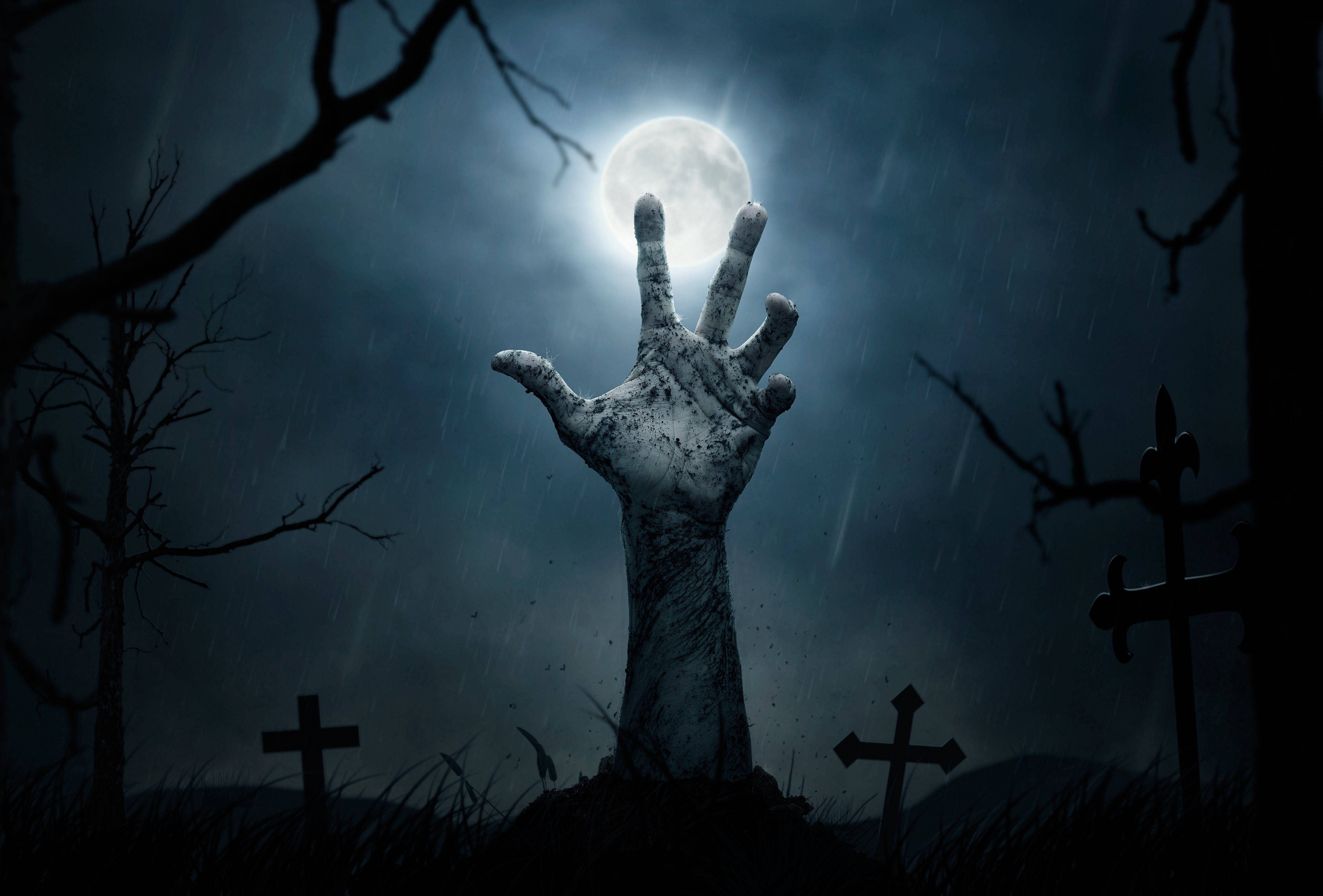 zombie hand, full moon, rain-soaked cemetery, 5K Desktop Wallpaper