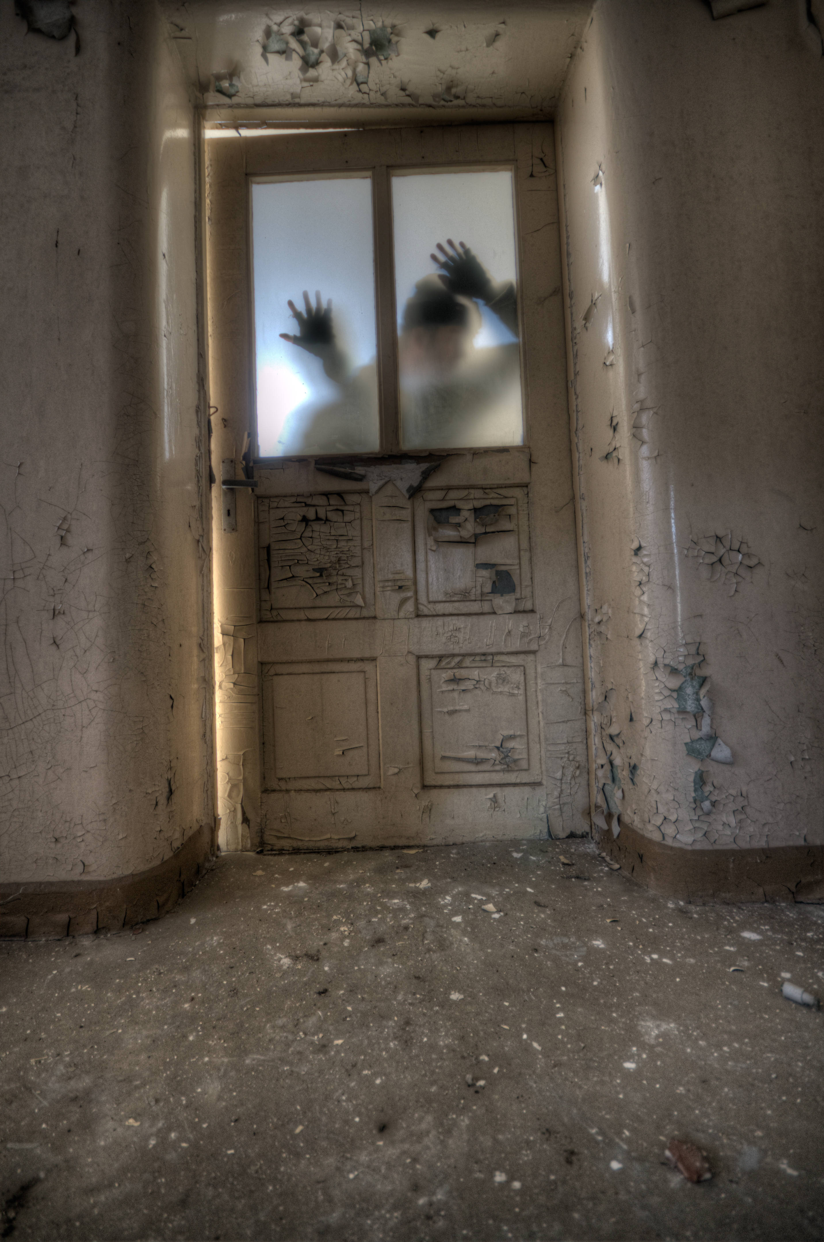 ghostly figure, gritty, broken door, decaying, abandoned hallway, 4K Phone Wallpaper