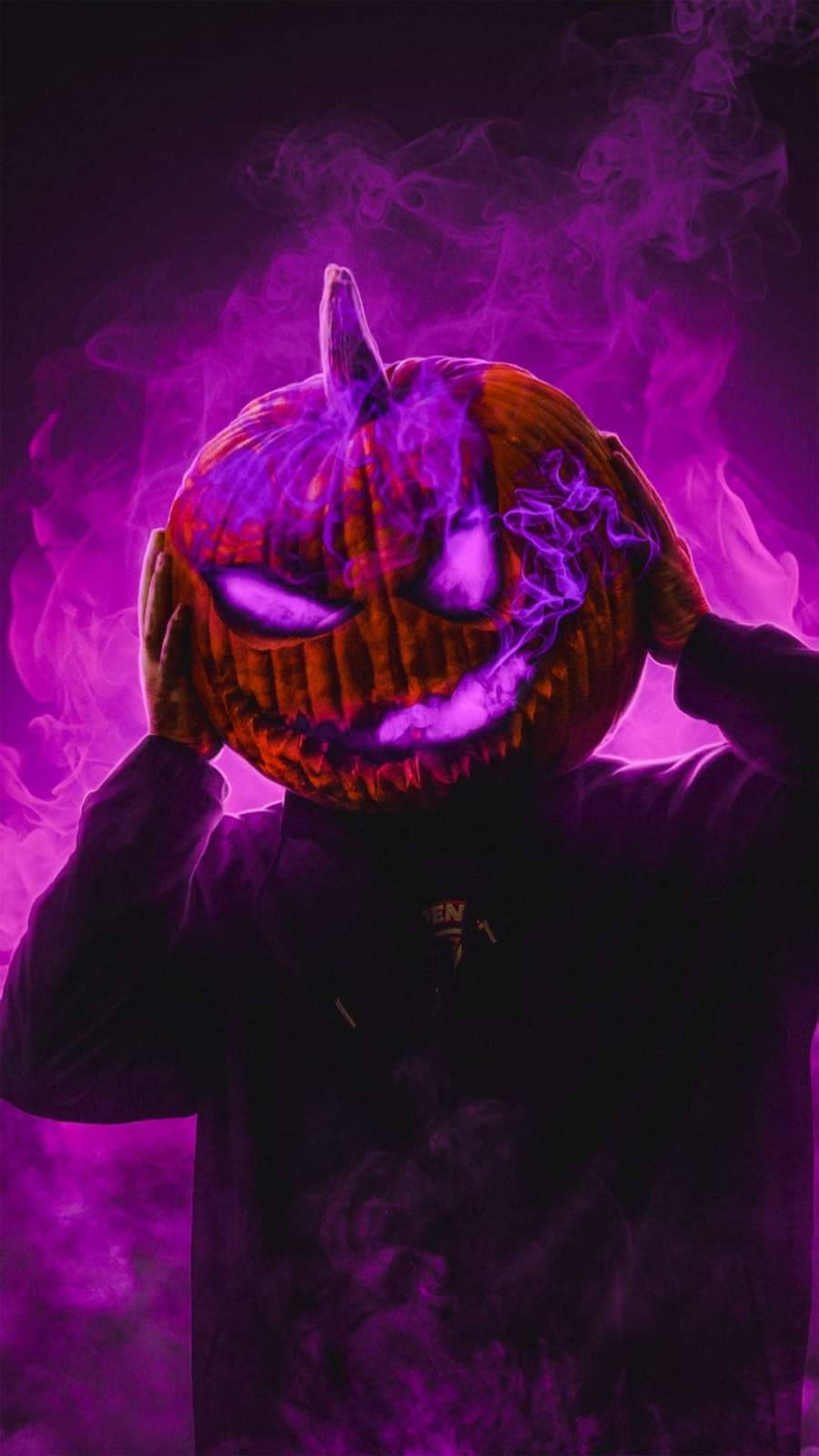 Scary iPhone, glowing jack-o-lantern mask, swirling purple smoke, HD Phone Wallpaper