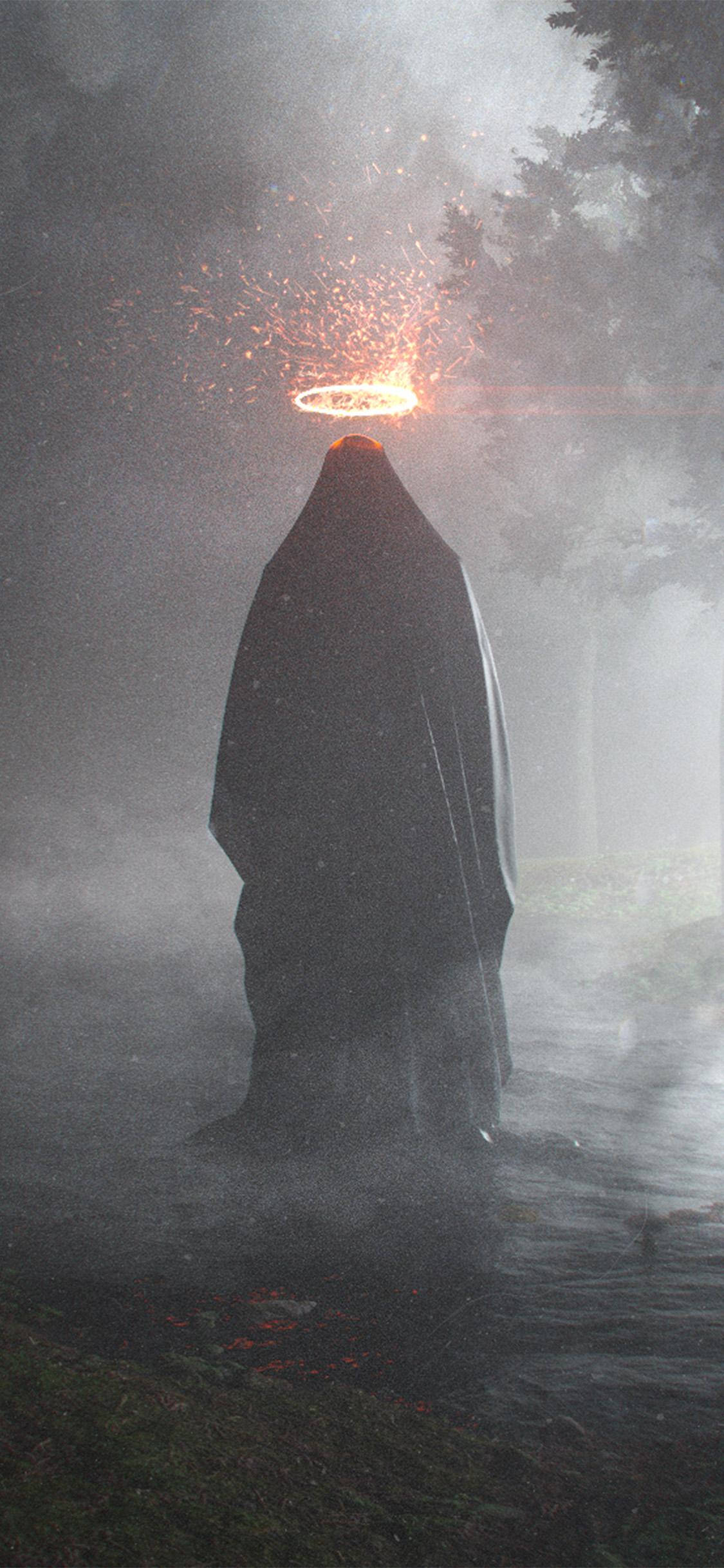 iPhone, cloaked figure, misty forest, Full HD Phone Wallpaper