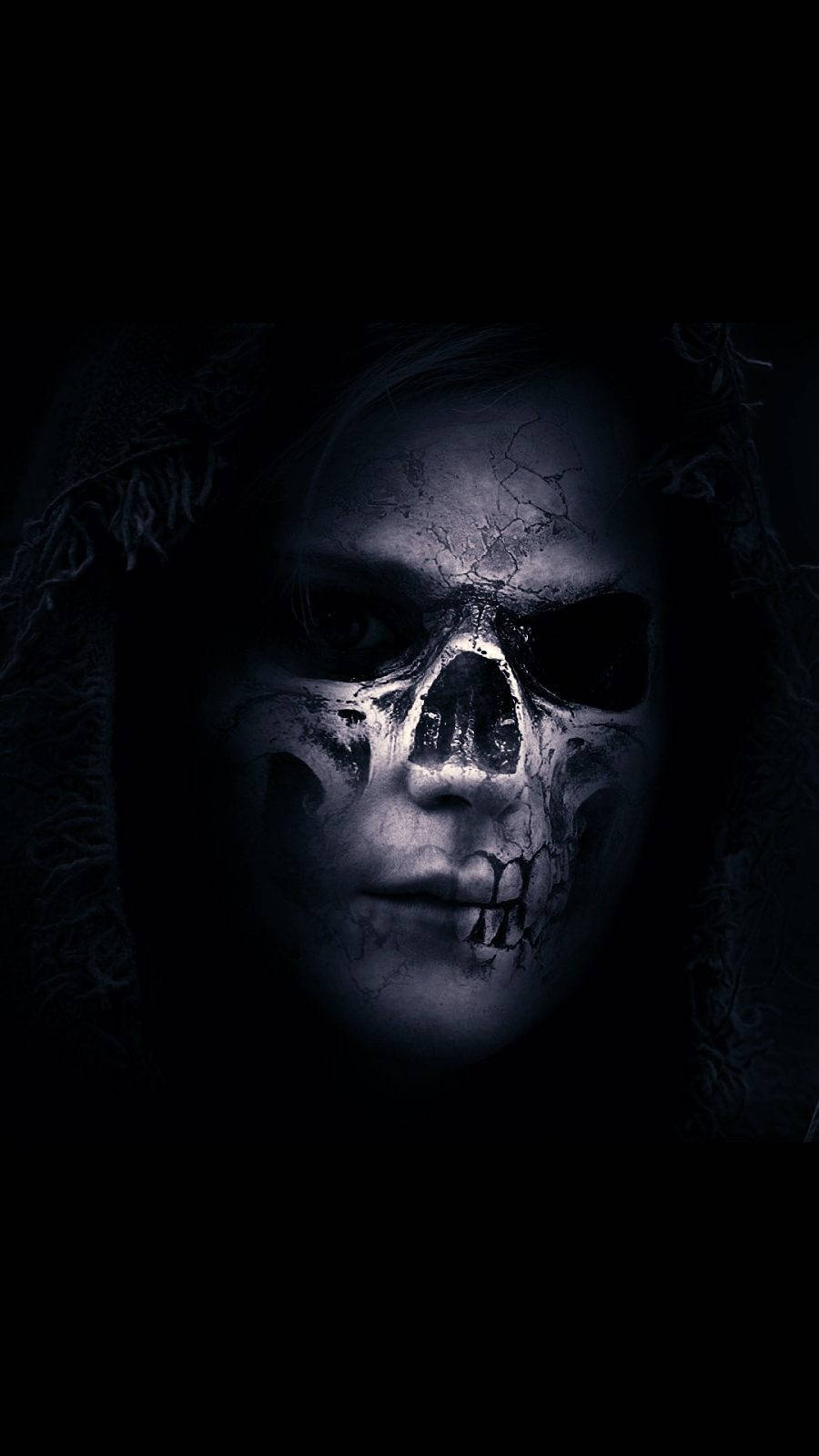 Scary iPhone, cracked skull face, glowing faintly, HD Phone Wallpaper