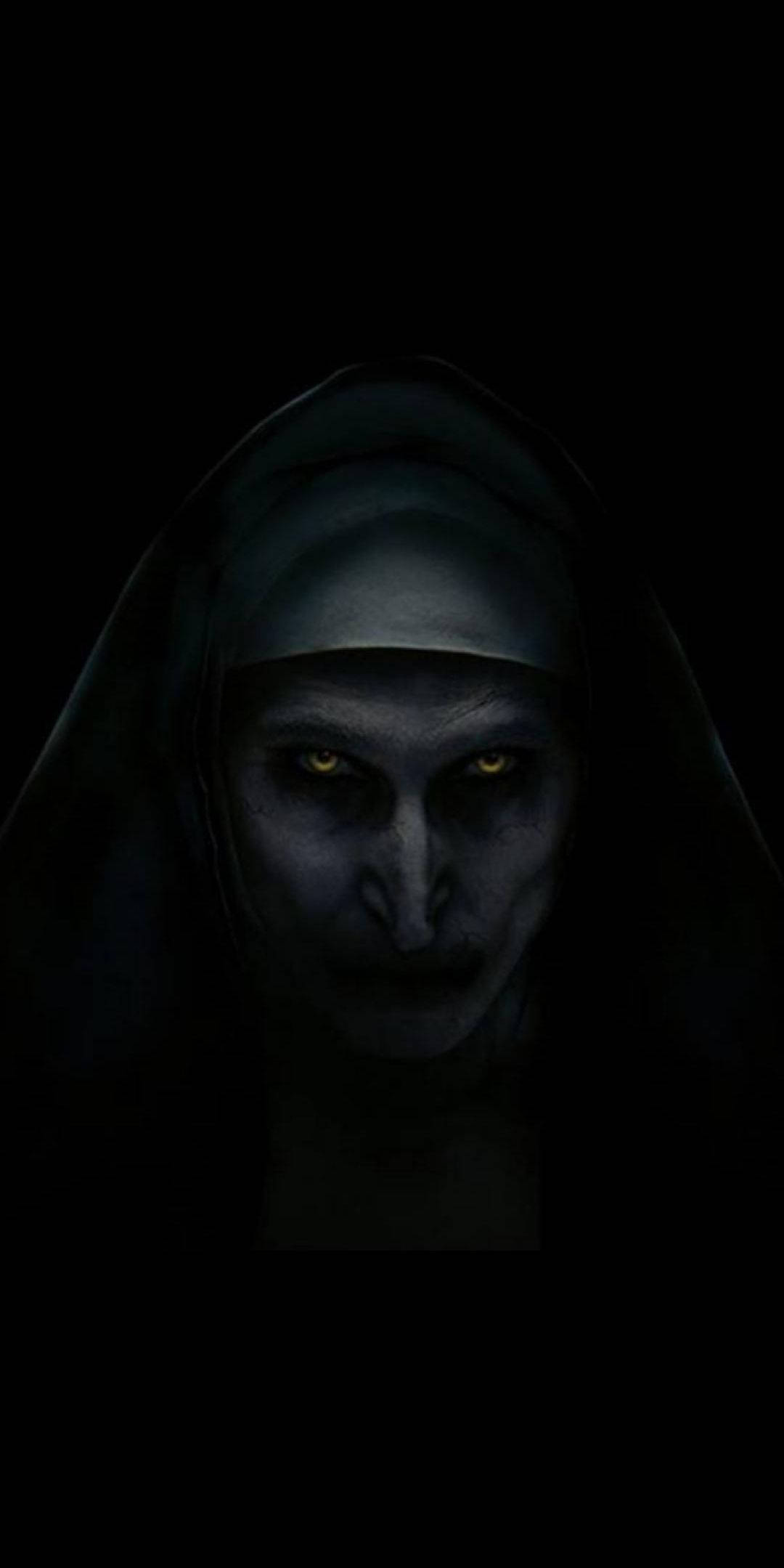Scary iPhone, menacing nun, glowing yellow eyes, Full HD Phone Wallpaper