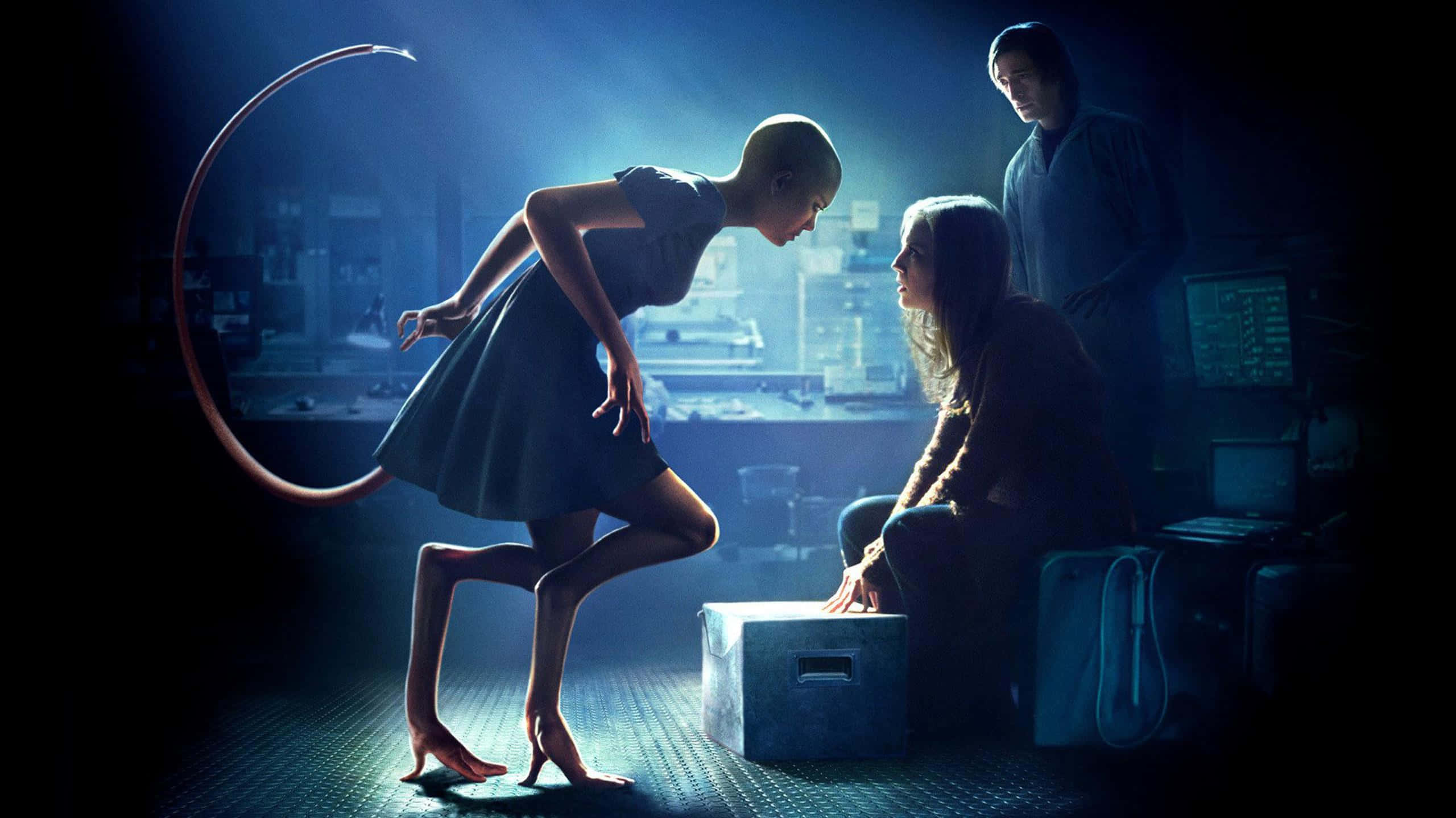 bald woman, long tail, dim blue-lit futuristic lab, 2K Desktop Wallpaper
