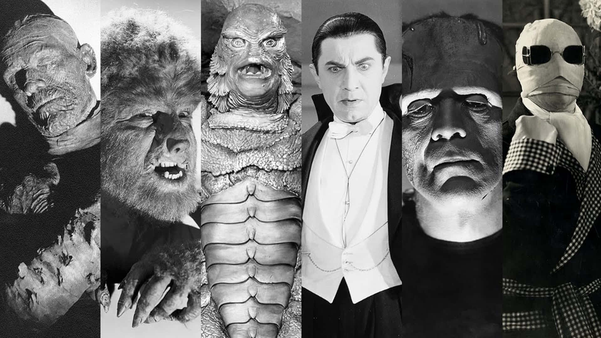 black and white, collage, six classic horror movie monsters, Full HD Desktop Wallpaper