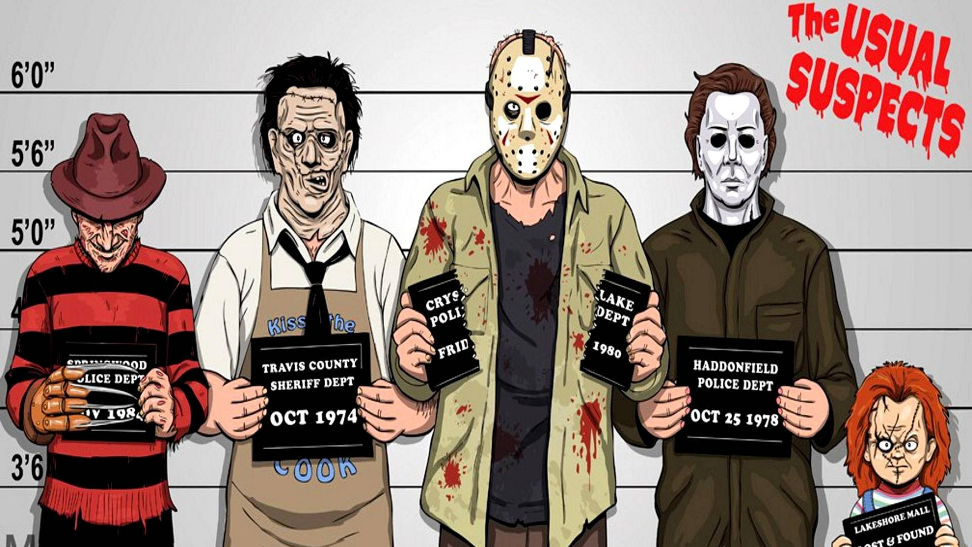 horror movie antagonists, mugshot lineup, arrest signs, Full HD Desktop Wallpaper