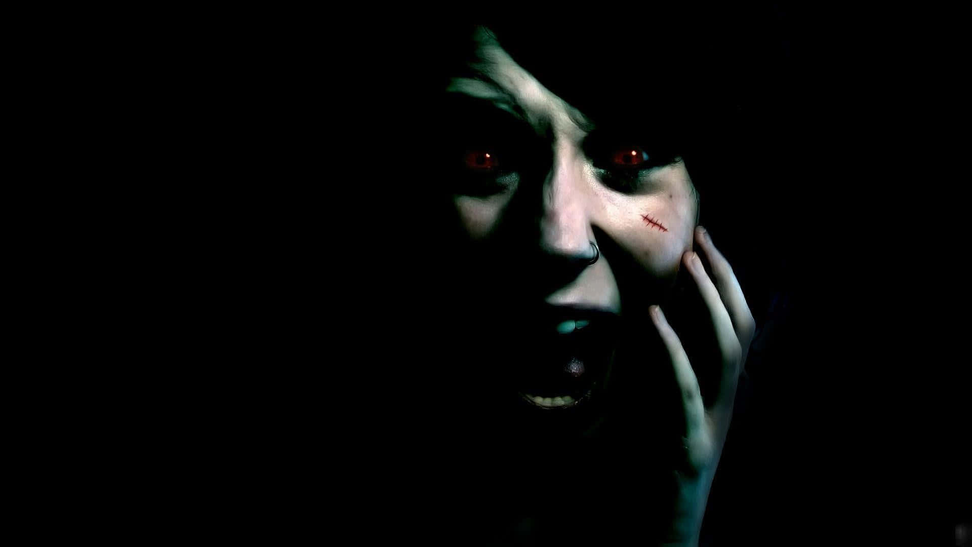 horror movie, glowing red eyes, stitched cheek, Full HD Desktop Wallpaper