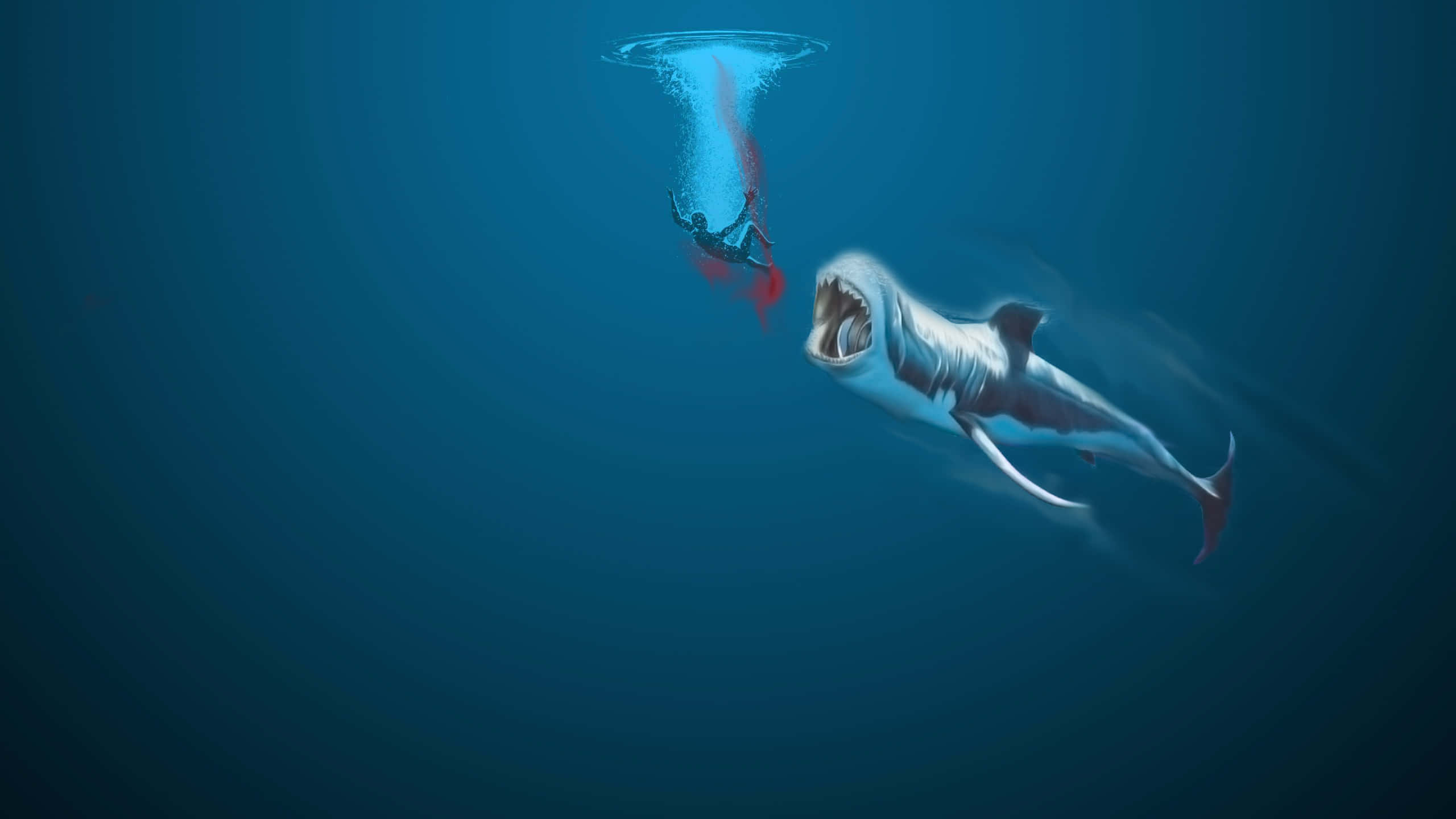 Scary Shark, diver, red gear, 2K Desktop Wallpaper