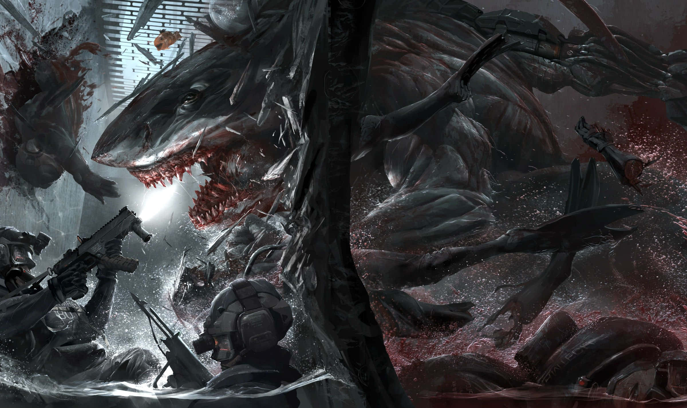 Scary Shark, monstrous shark-like creature, shattered urban ruin, Full HD Desktop Wallpaper