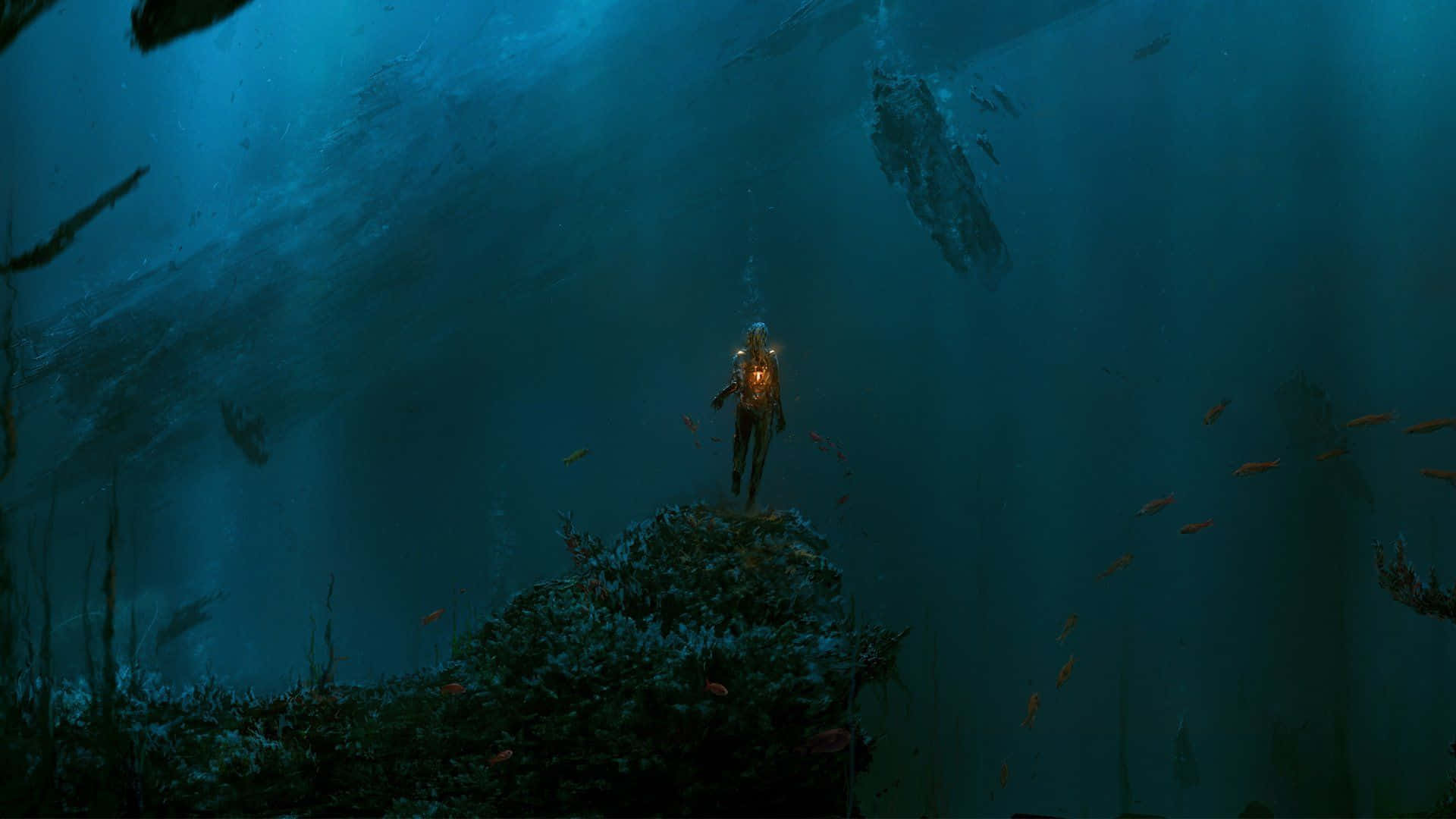 Scary Shark, glowing suit, sunlit underwater ruin, Full HD Desktop Wallpaper