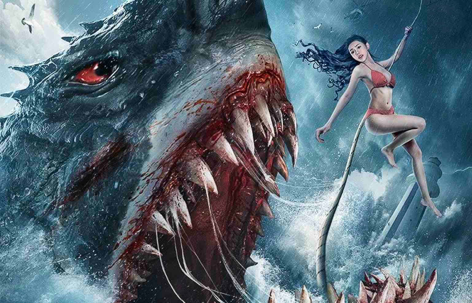 scary shark, red bikini, glowing red eyes, HD Desktop Wallpaper