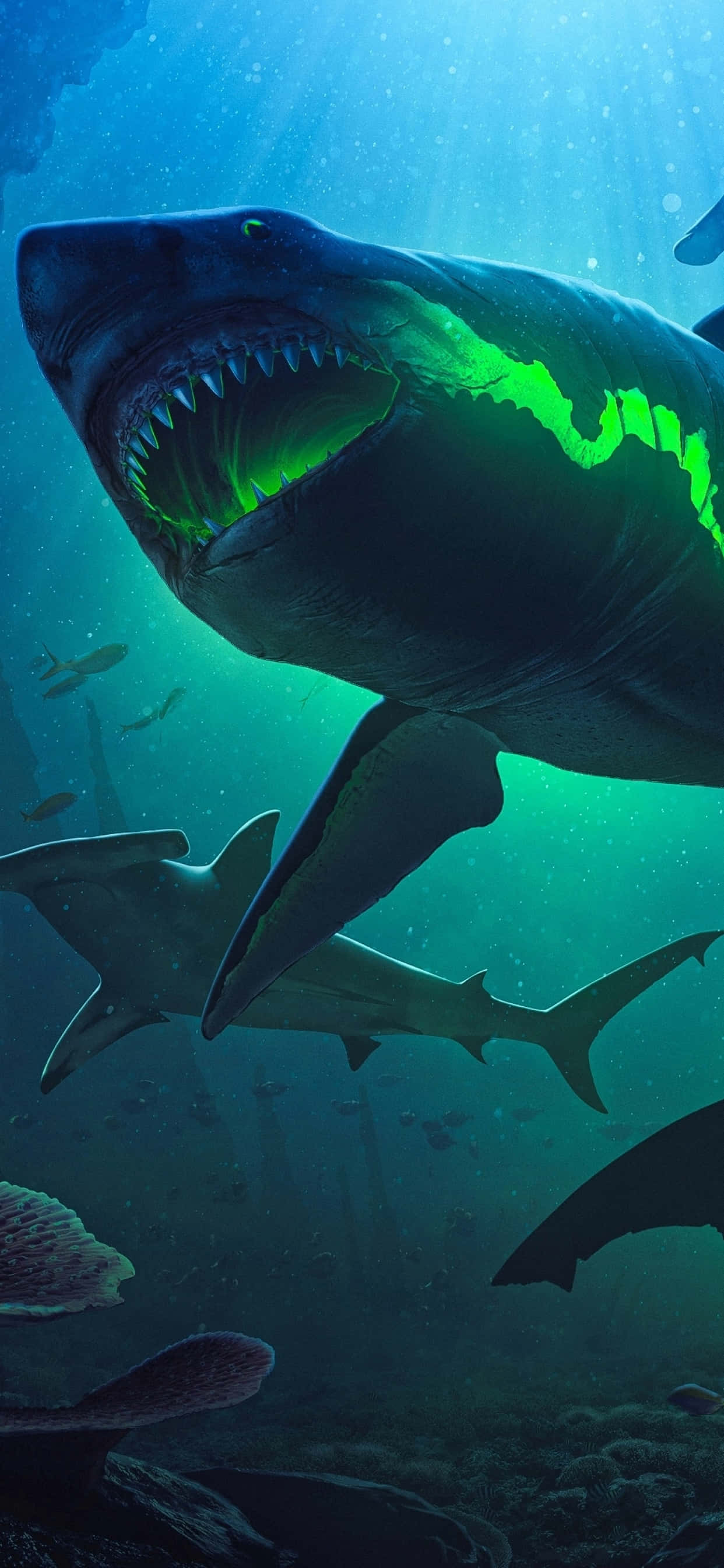 shark, green lights, deep blue ocean water, 2K Phone Wallpaper