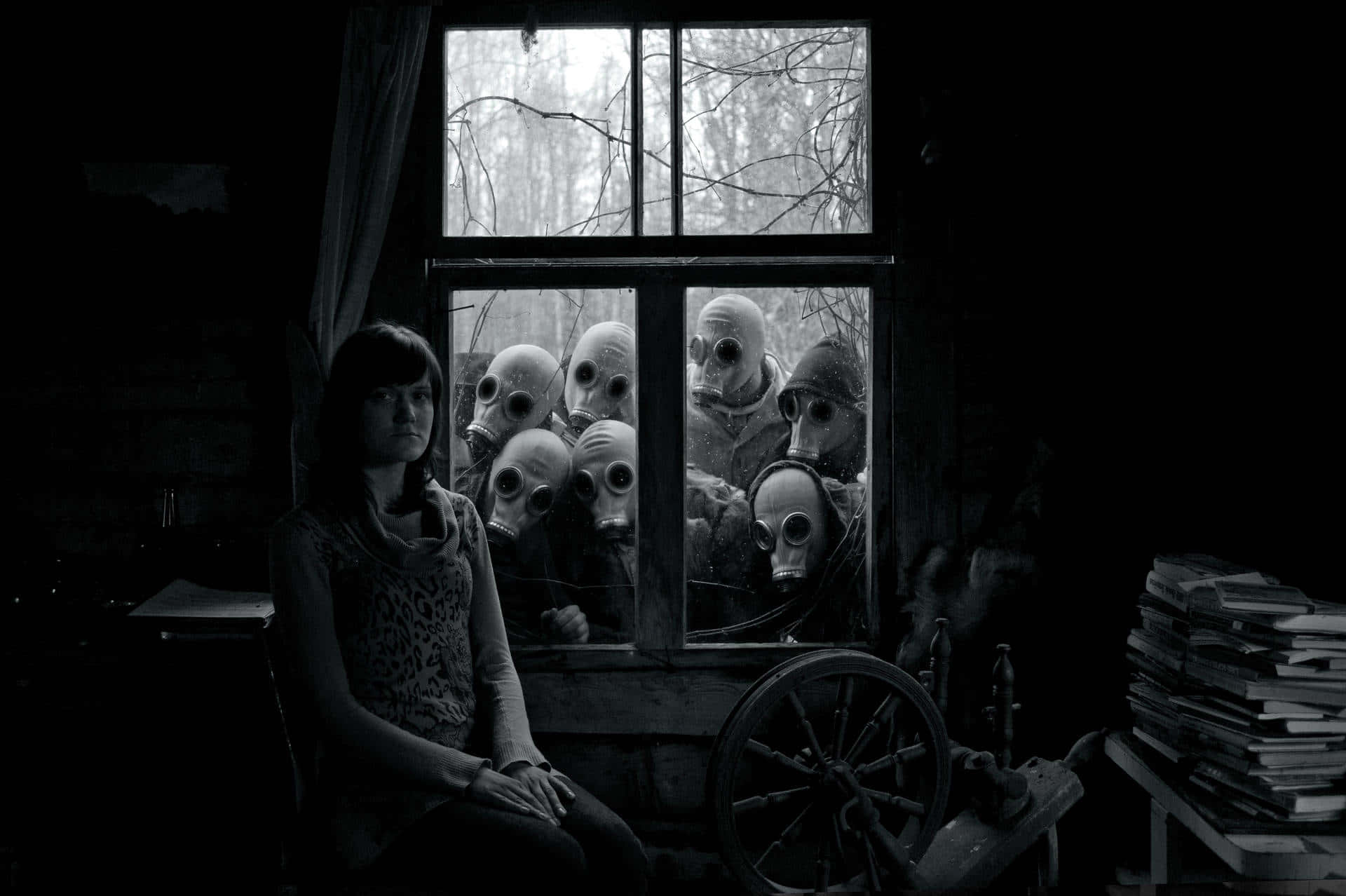 gas masks, grimy window, dark room, Full HD Desktop Wallpaper