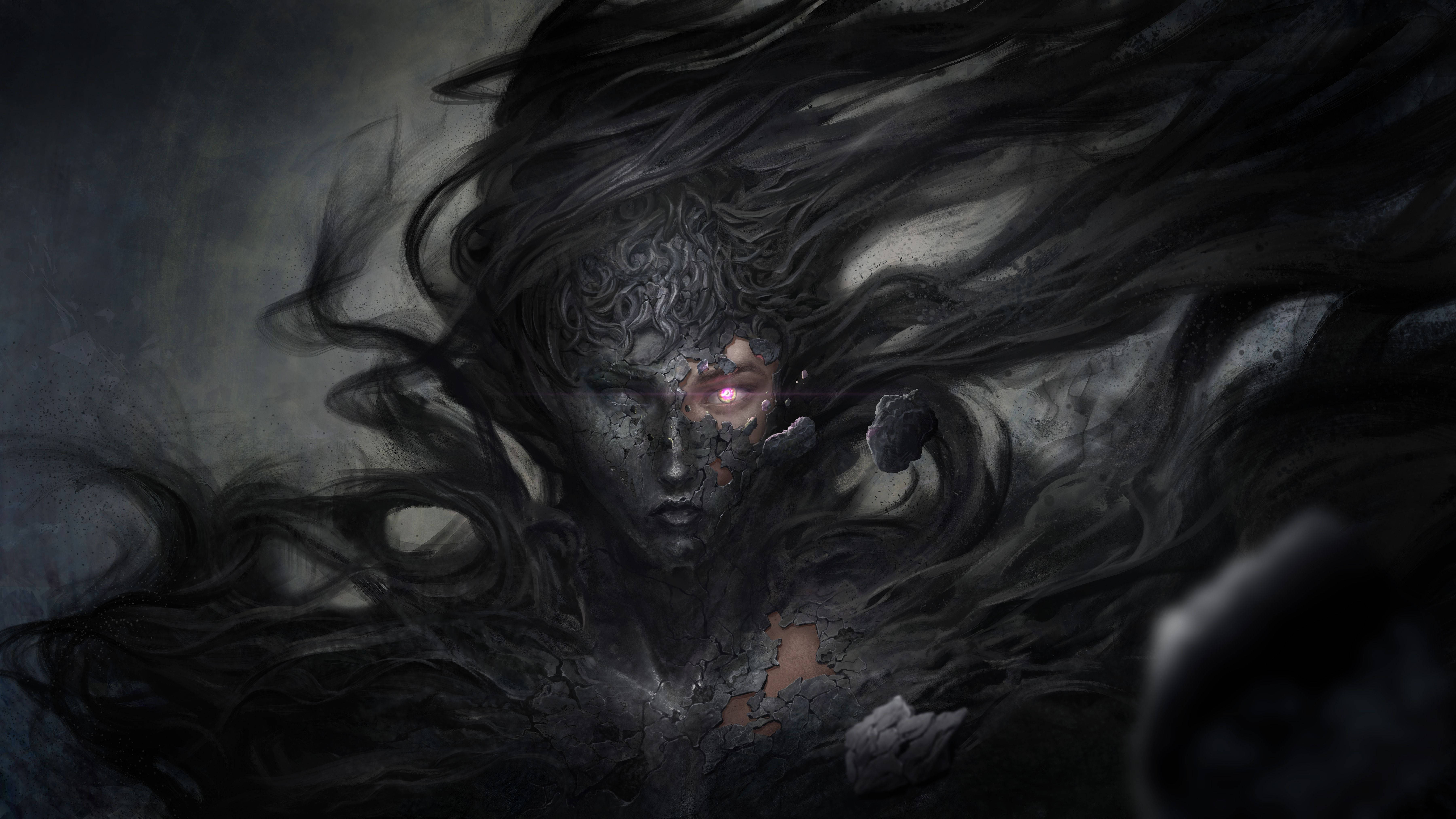 Evil Glowing Eye Hair, glowing pink eye, flowing black hair, 5K Desktop Wallpaper