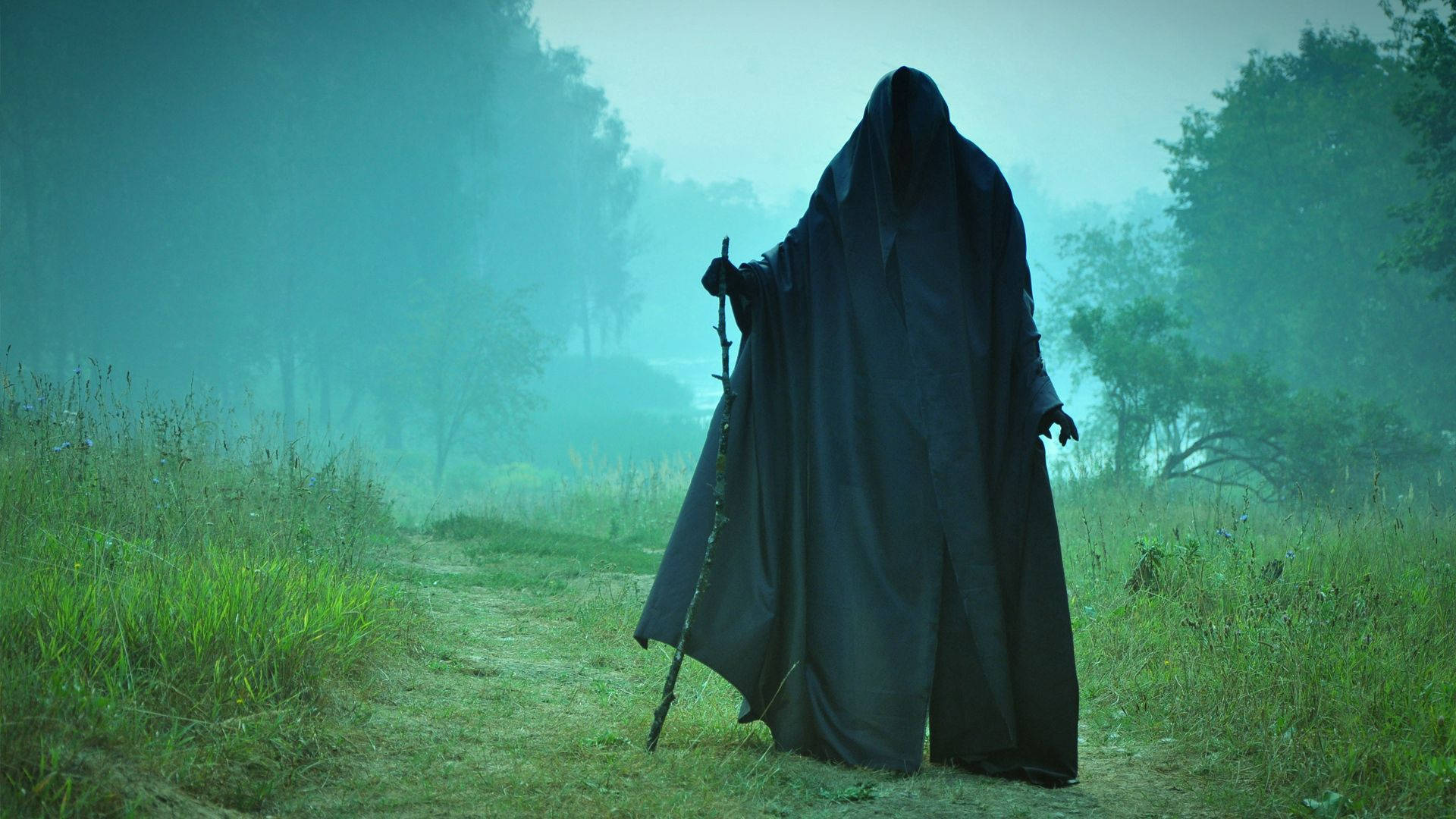 man in black cloak, misty forest path, gnarled staff, Full HD Desktop Wallpaper
