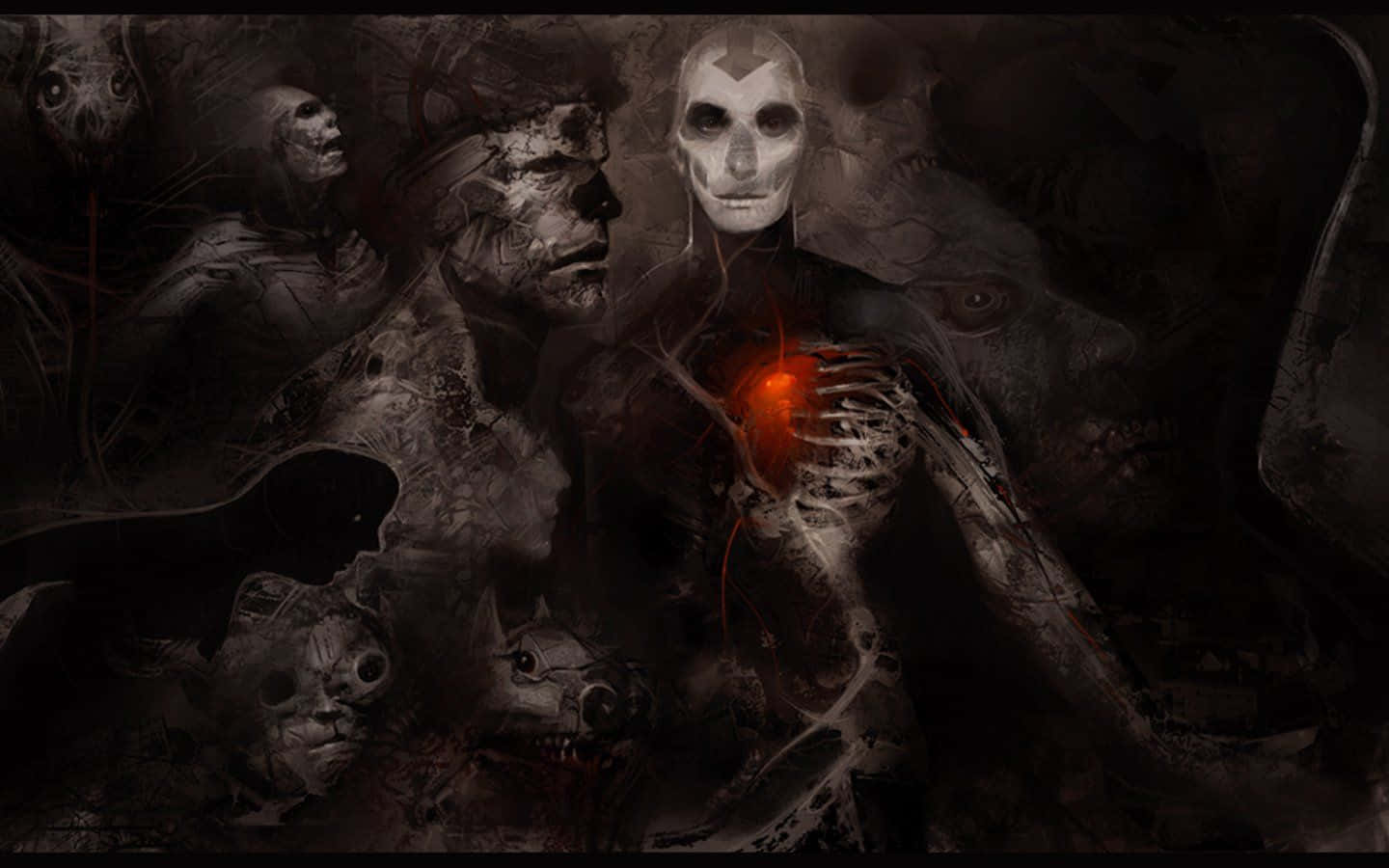 skeletal figure, glowing red heart, shadowy monstrous faces, HD Desktop Wallpaper