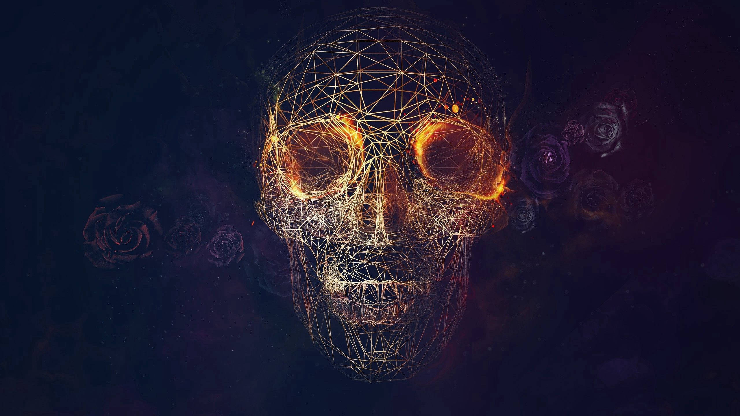 wireframe skull, fiery eyes, dark roses, 2K Desktop Wallpaper