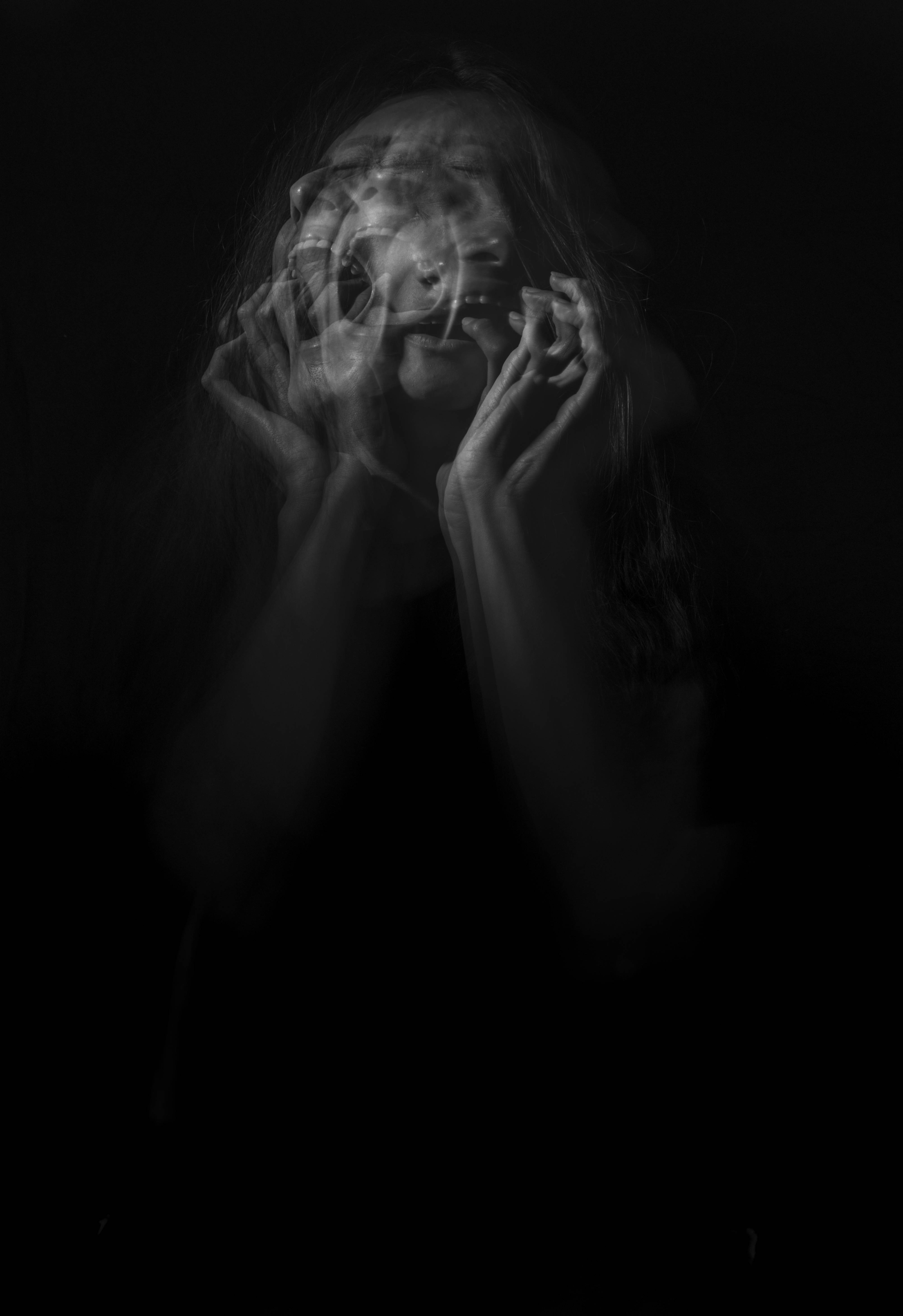 Paranormal Woman In Pain, black and white portrait, long hair, 5K Phone Wallpaper