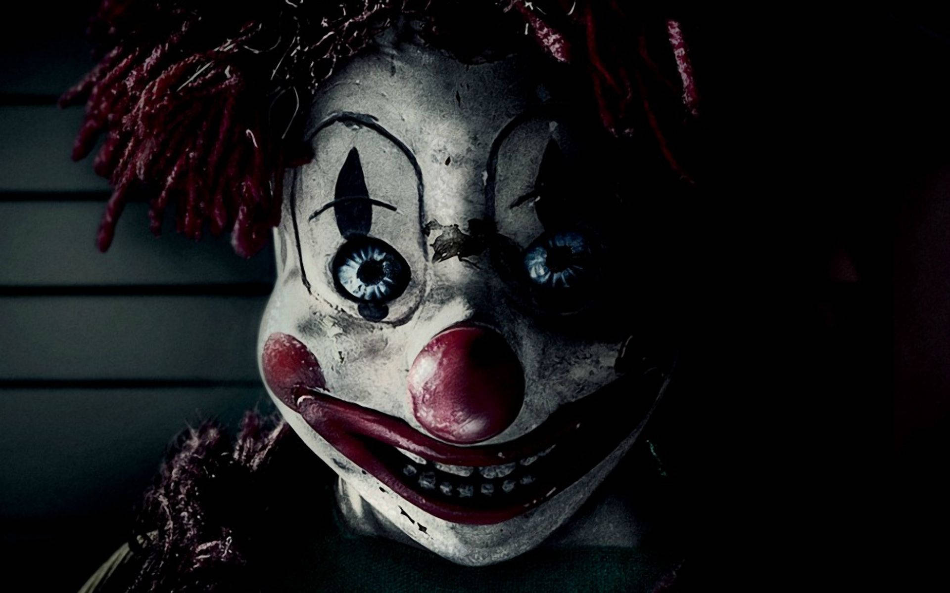 scary horror clown, cracked white face paint, glowing blue eyes, Full HD Desktop Wallpaper