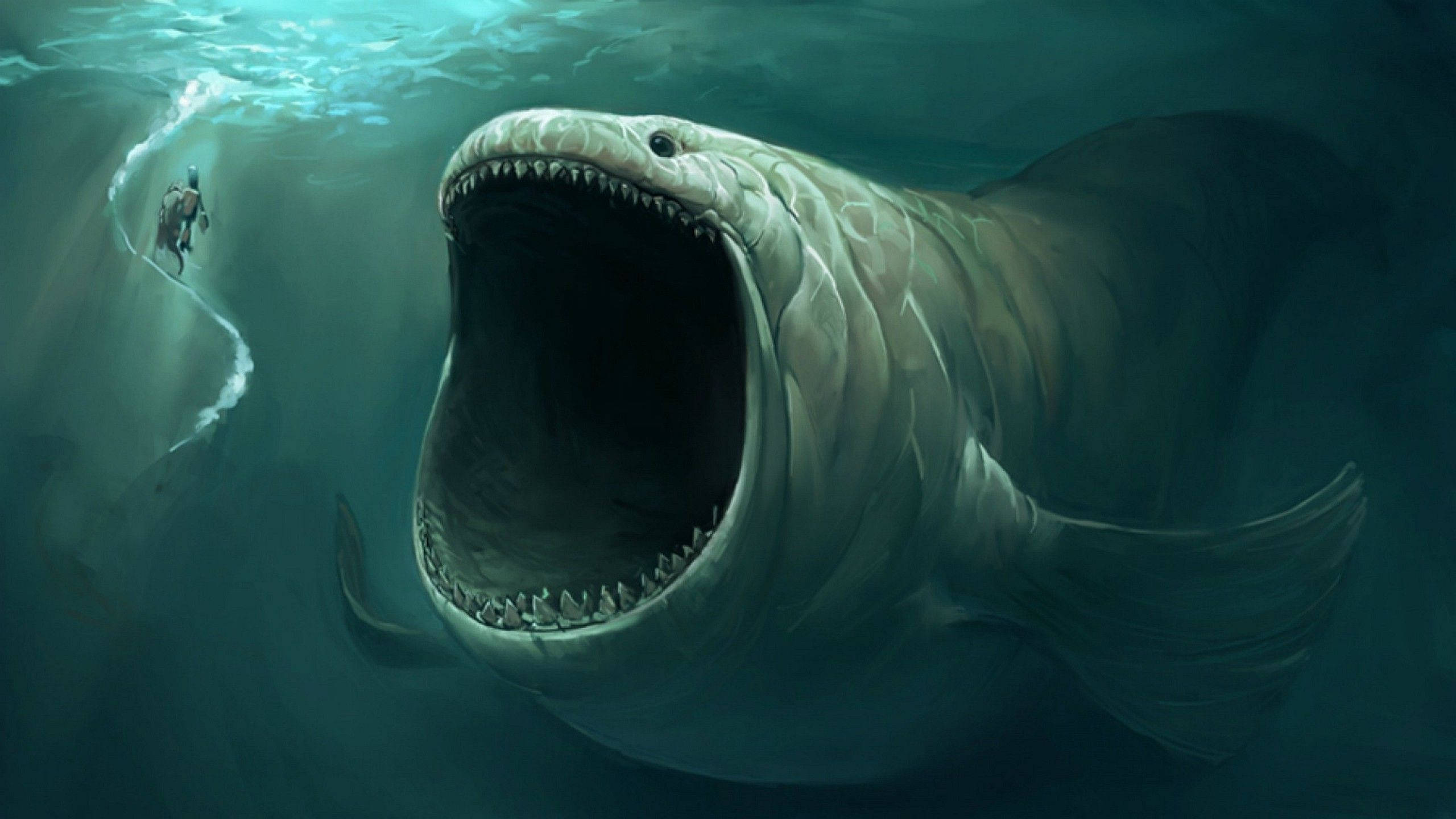 colossal, toothy sea monster, deep teal waters, 2K Desktop Wallpaper