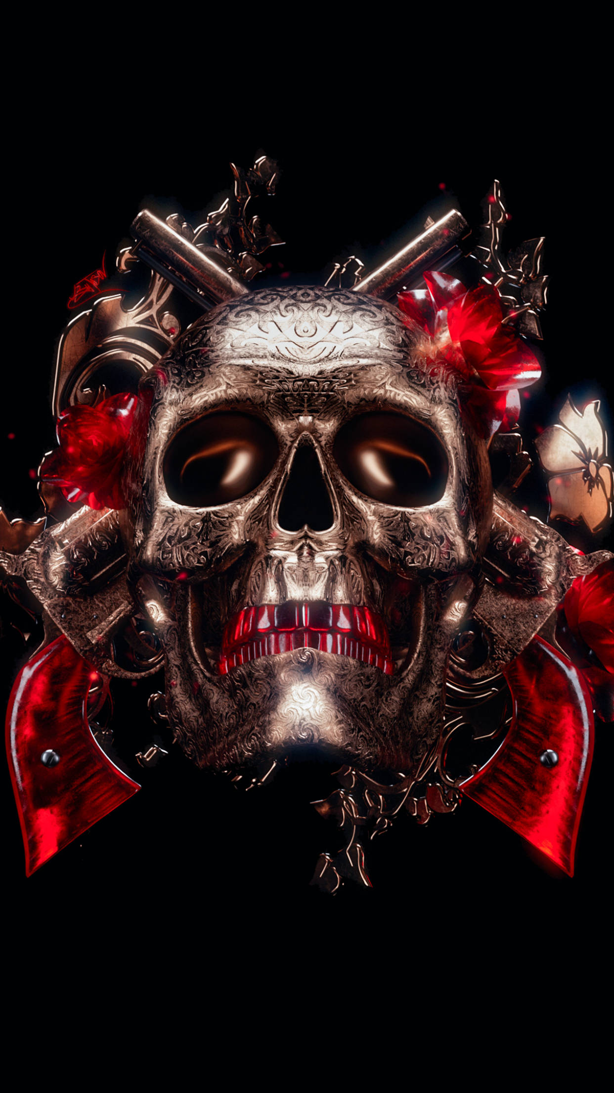 3D Horror Metal Skull, metallic skull, red flowers, Full HD Phone Wallpaper