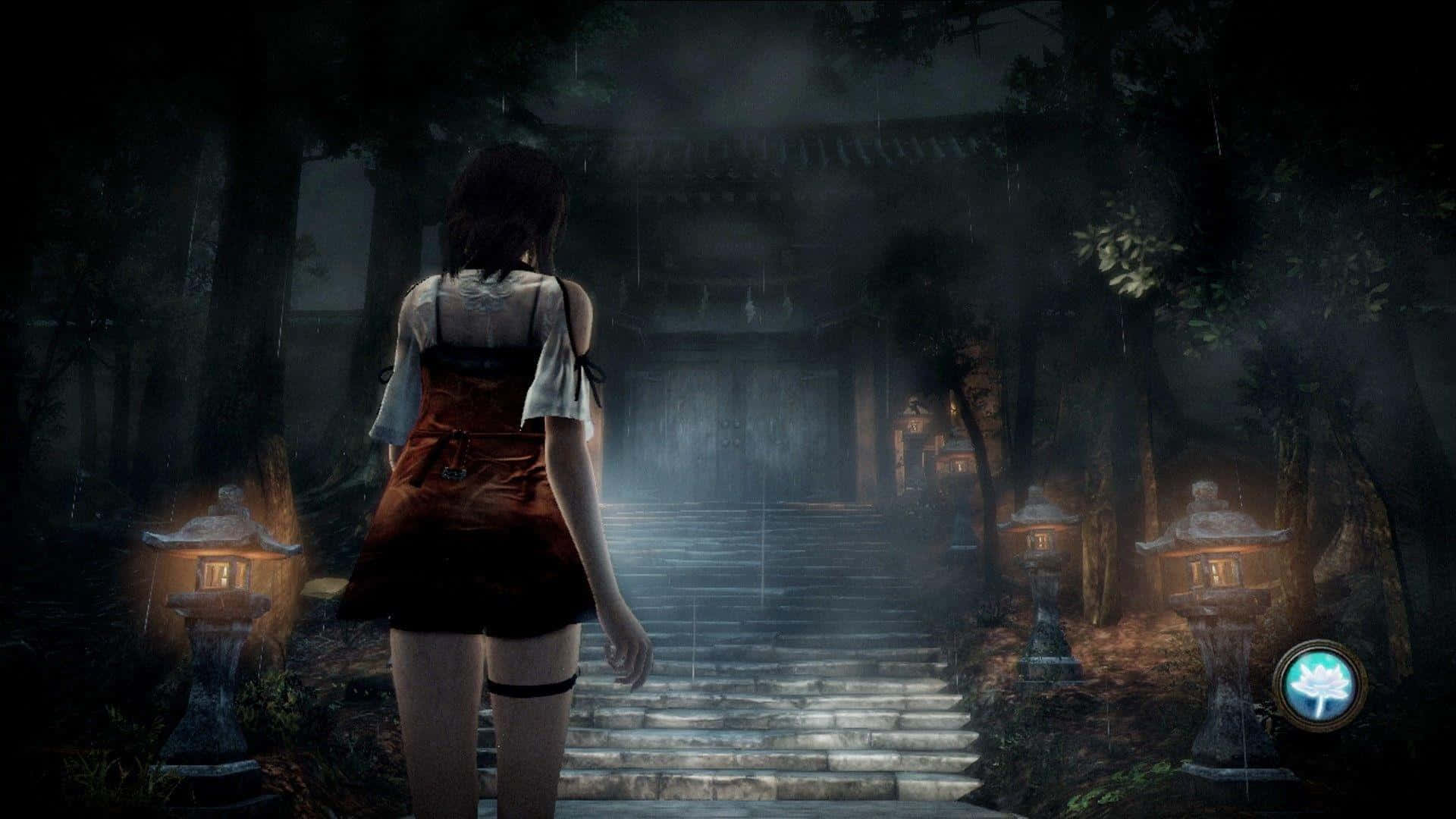 red dress, misty stone steps, dark shrine, Full HD Desktop Wallpaper