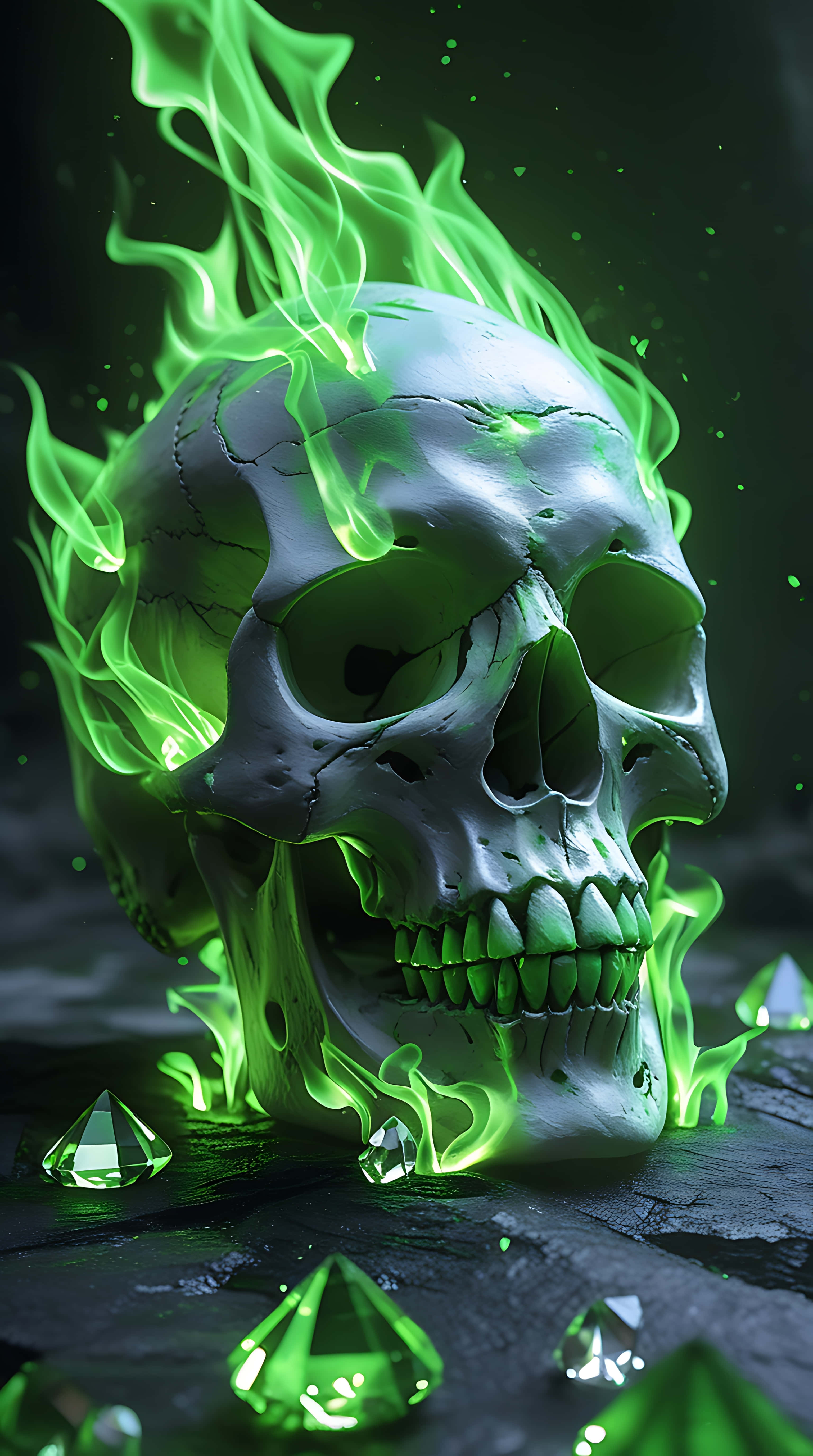 mystical skull, green fire, floating crystals, 5K Phone Wallpaper