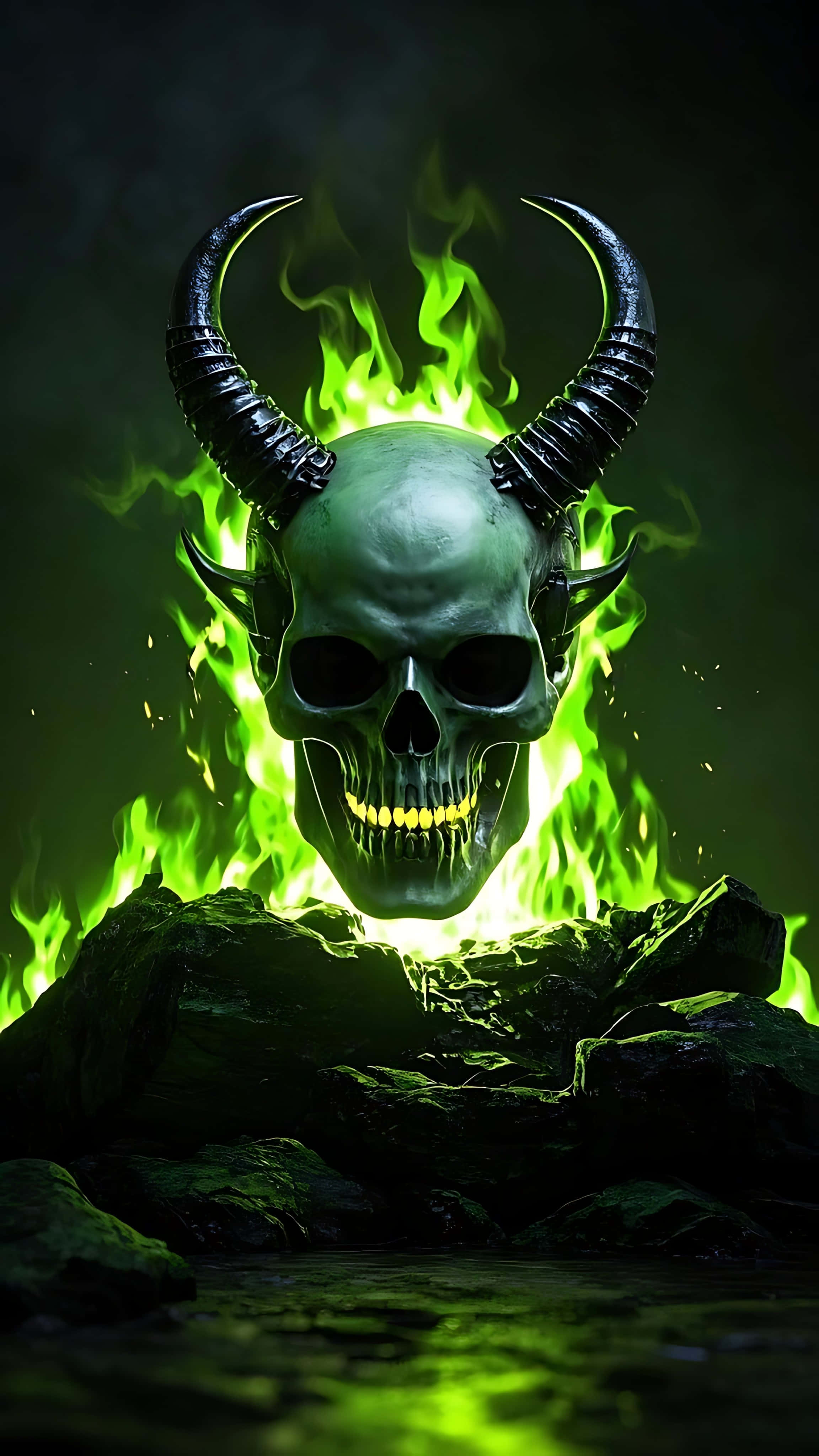 demonic skull, curved horns, dark rocks, 4K Phone Wallpaper