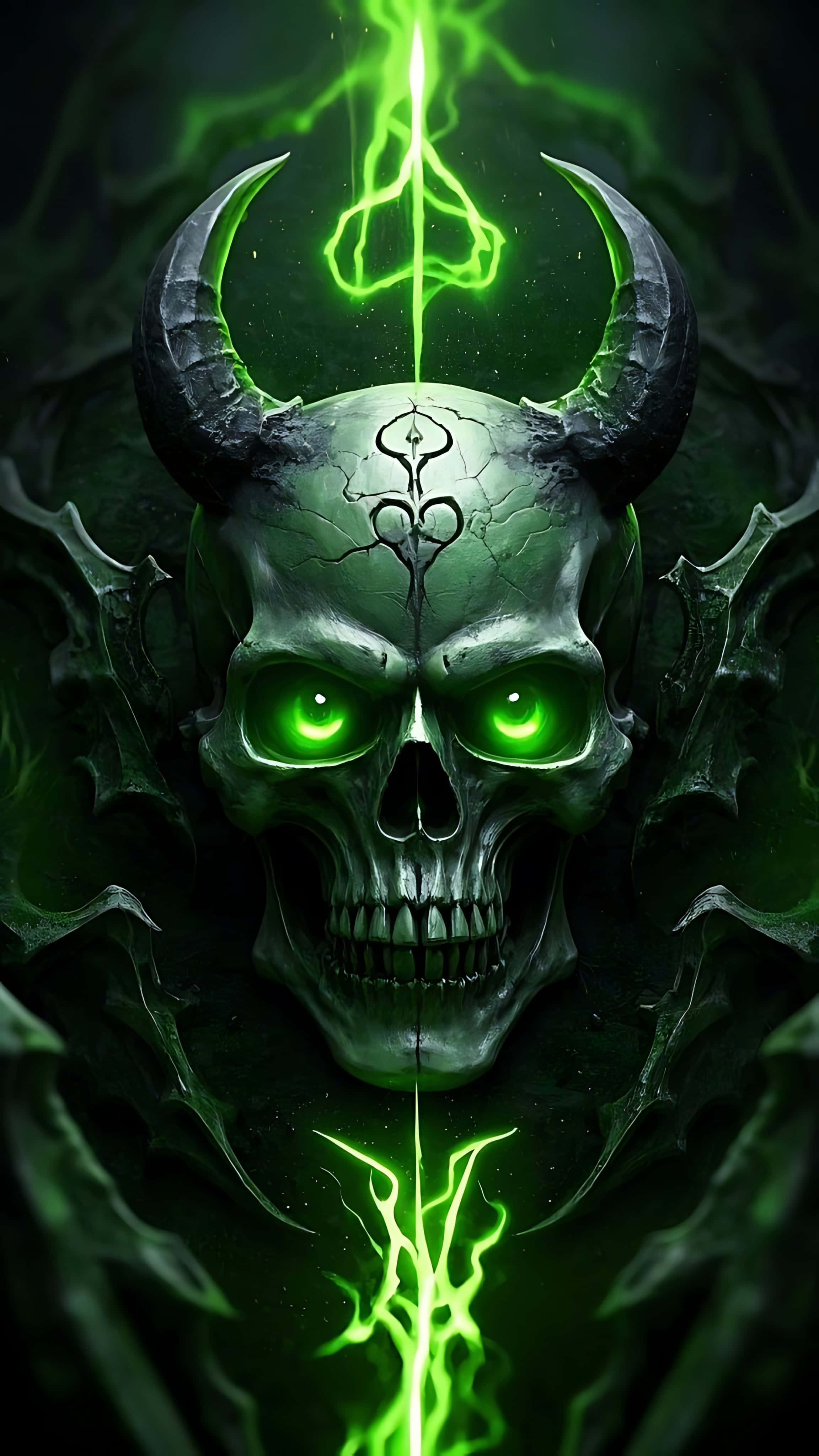 demonic skull, glowing green eyes, horns, 4K Phone Wallpaper