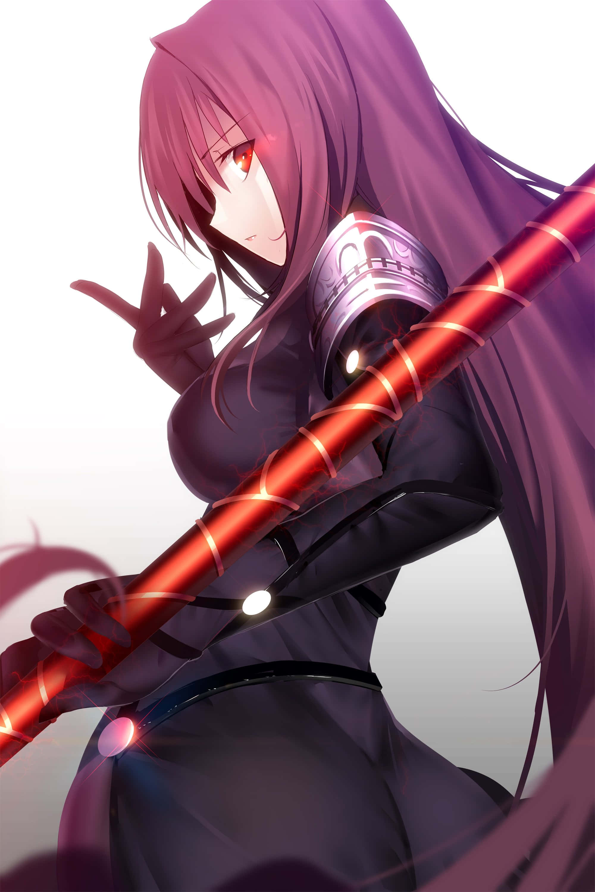 Scathach Skadi, purple-haired, red eyes, 2K Phone Wallpaper