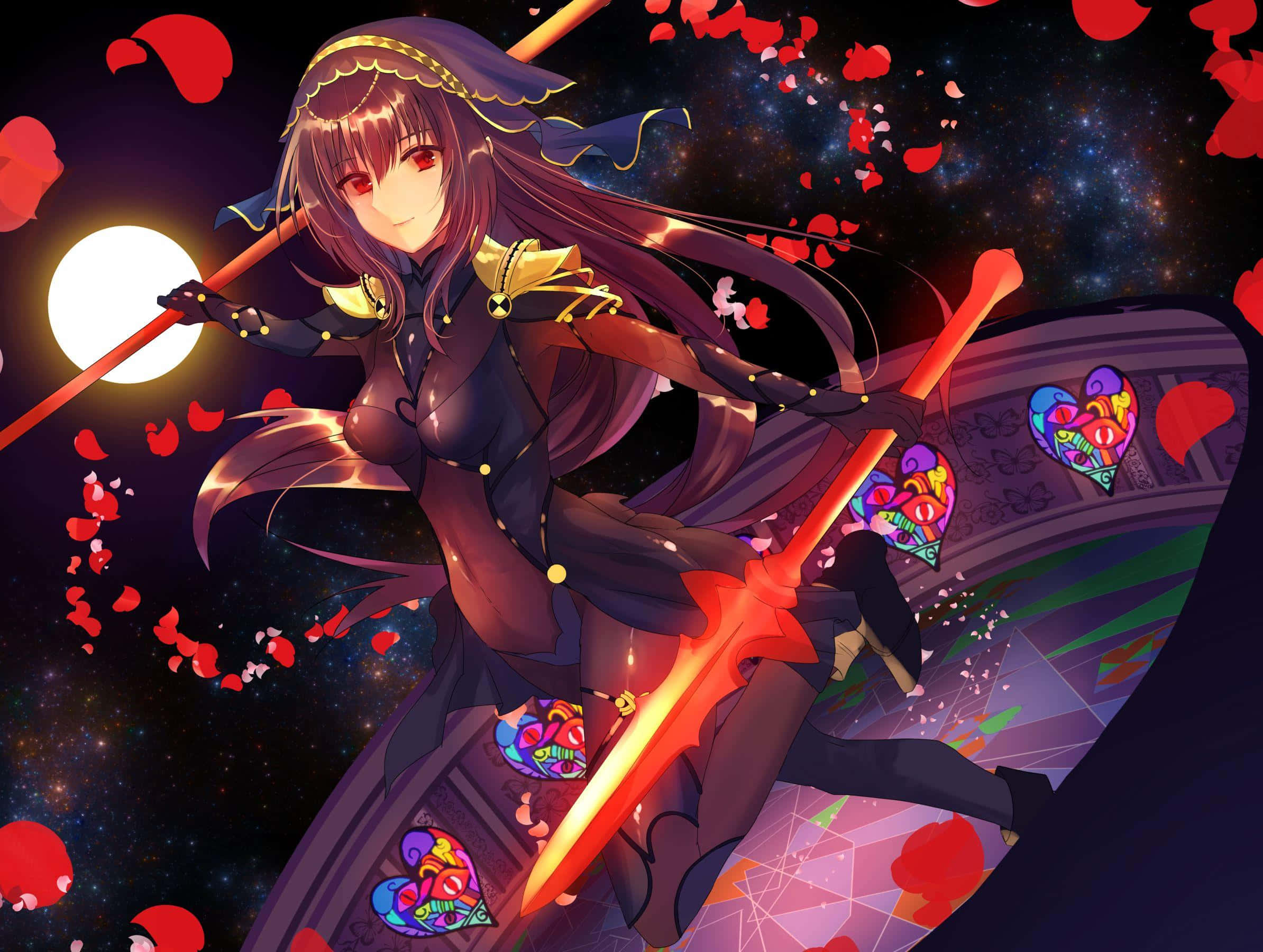 Scathach Skadi, long purple hair, glowing red swords, Full HD Desktop Wallpaper