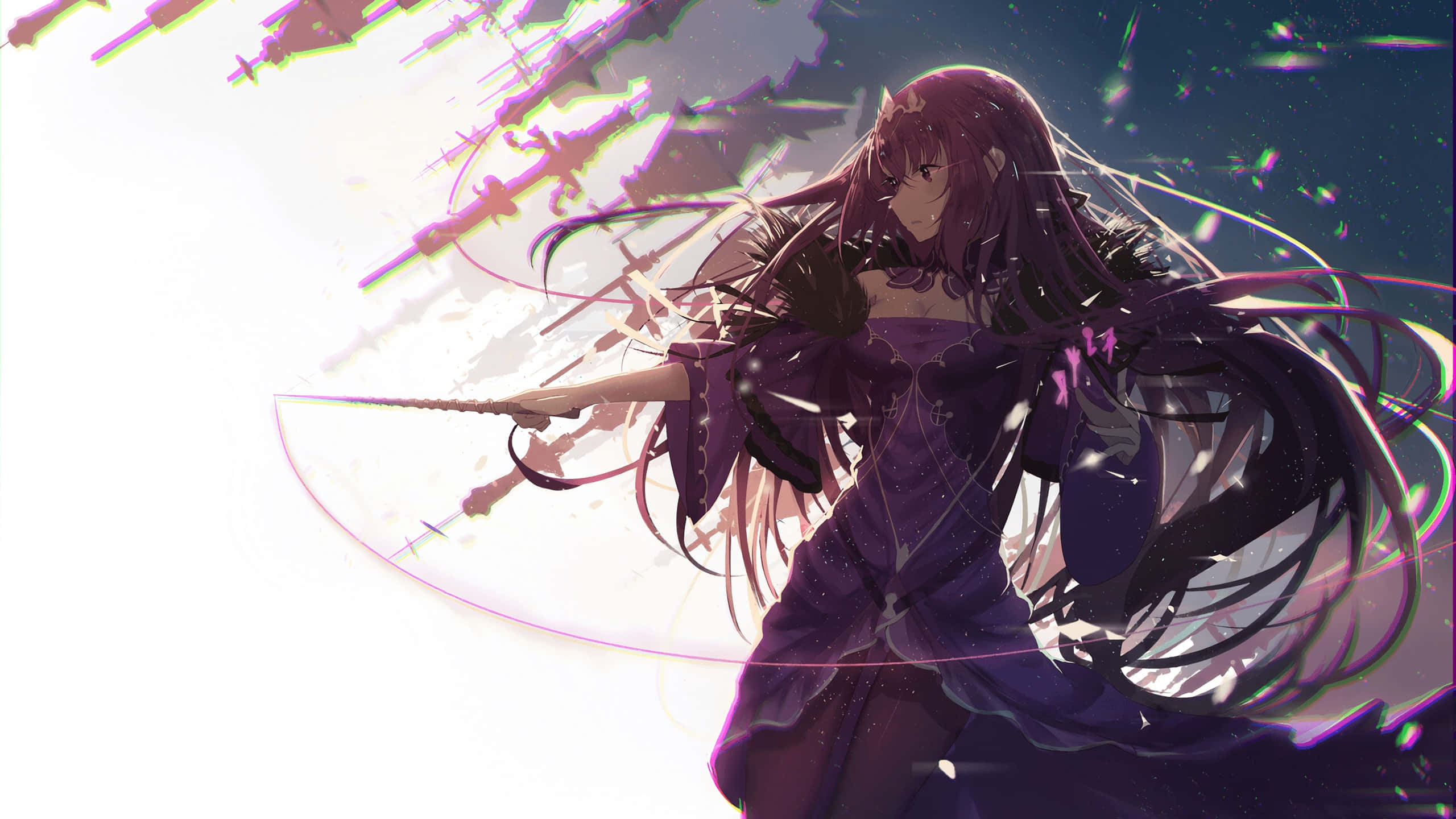 Scathach Skadi, dark-haired anime girl, purple dress, 2K Desktop Wallpaper