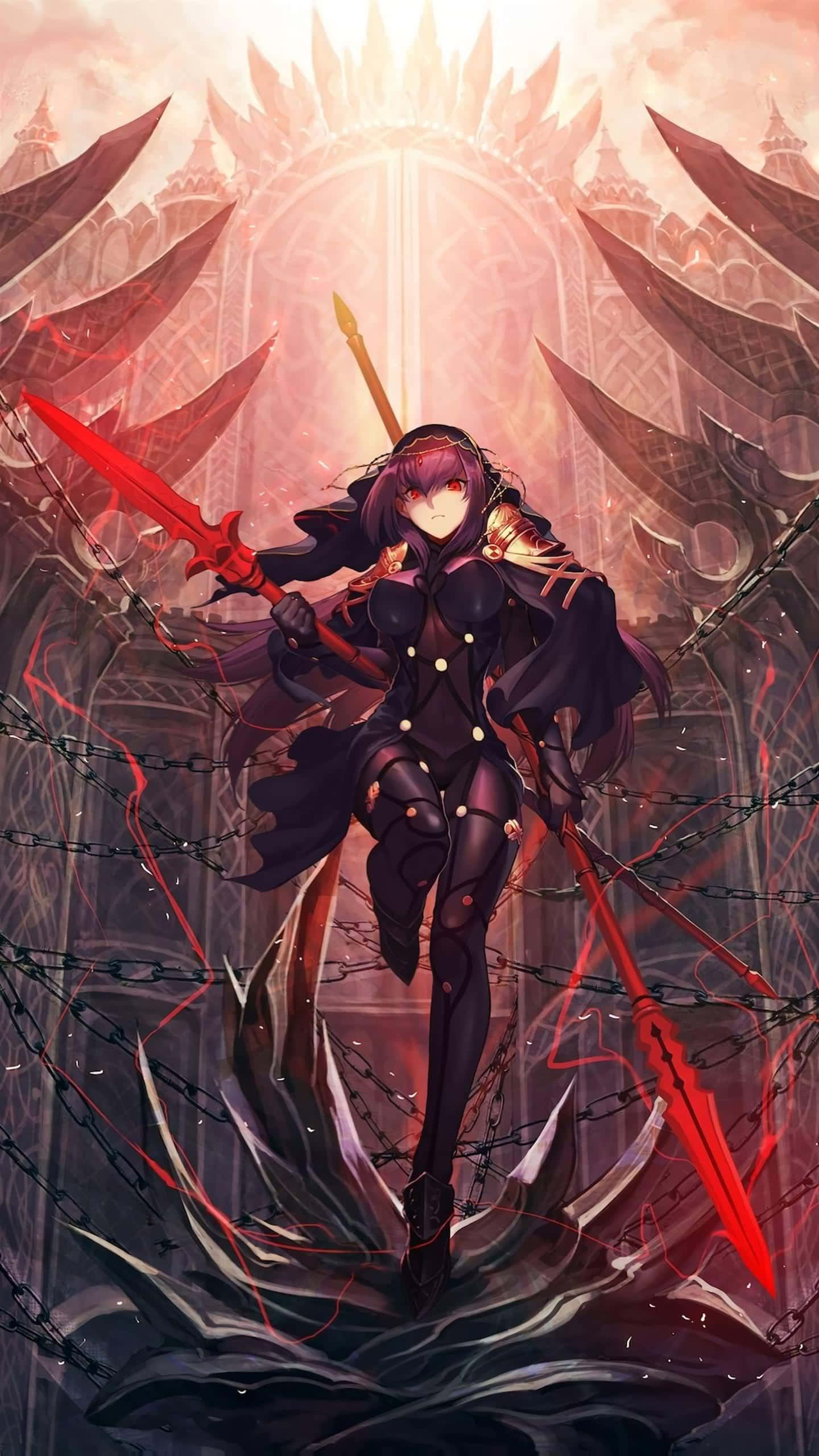 Scathach Skadi, mythical world Falgrand, gothic cathedral, 2K Phone Wallpaper