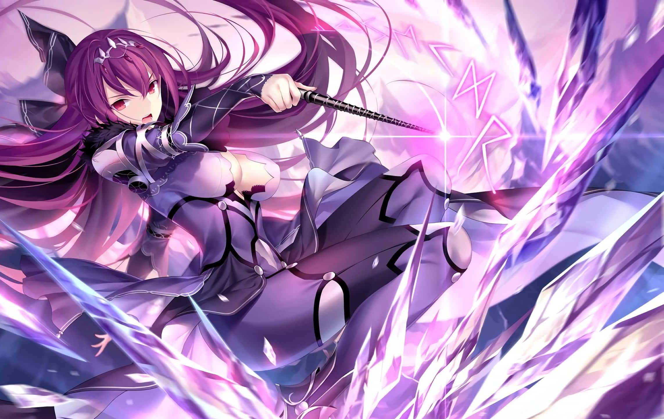 Scathach Skadi, purple-haired anime girl, dark outfit, Full HD Desktop Wallpaper