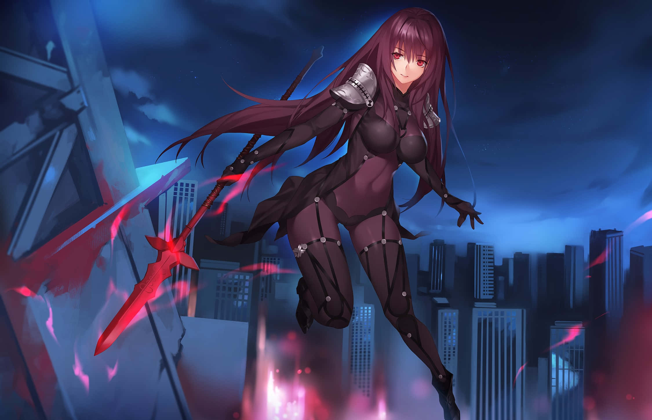 Scathach Skadi, neon-lit cityscape, glowing red sword, Full HD Desktop Wallpaper
