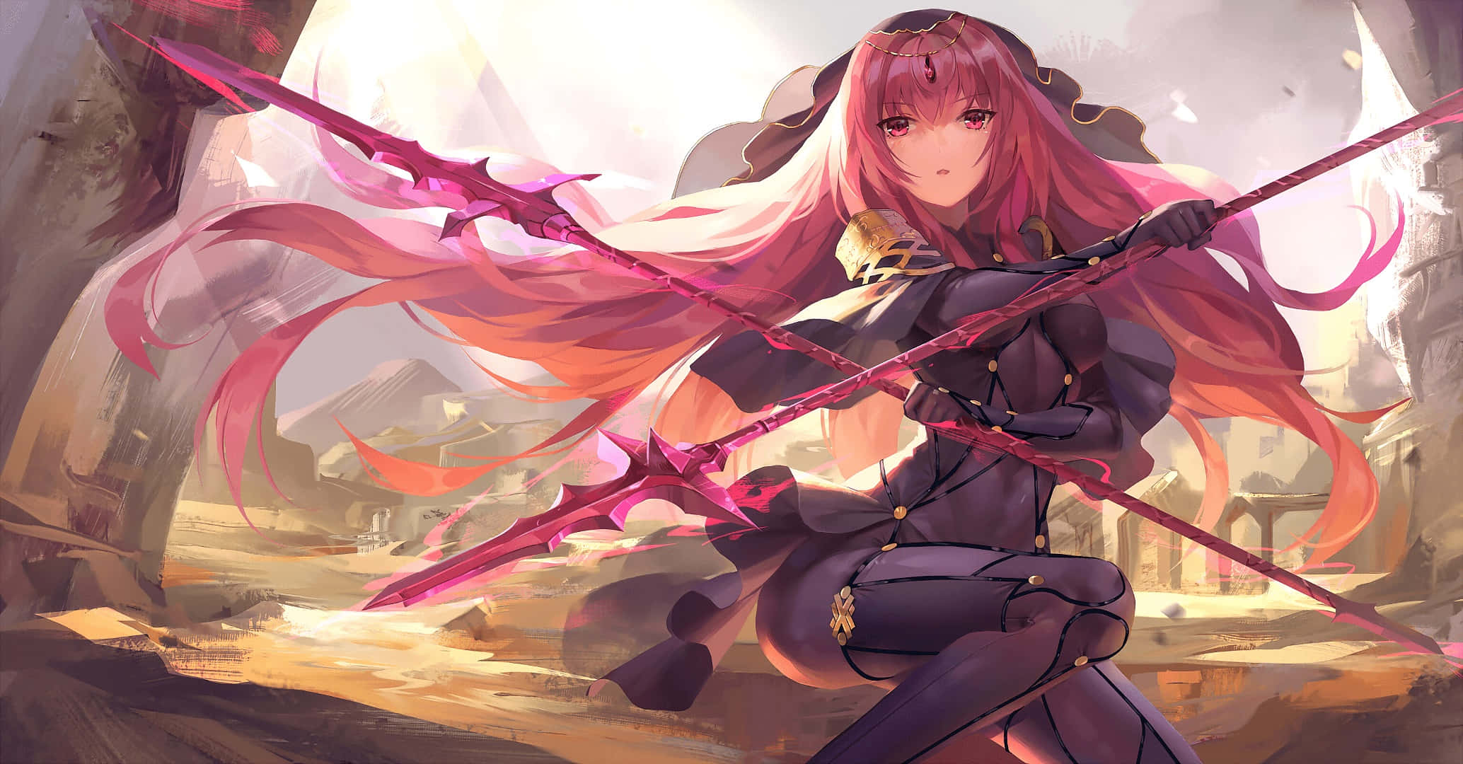 Scathach Skadi, pink-haired, anime warrior, Full HD Desktop Wallpaper