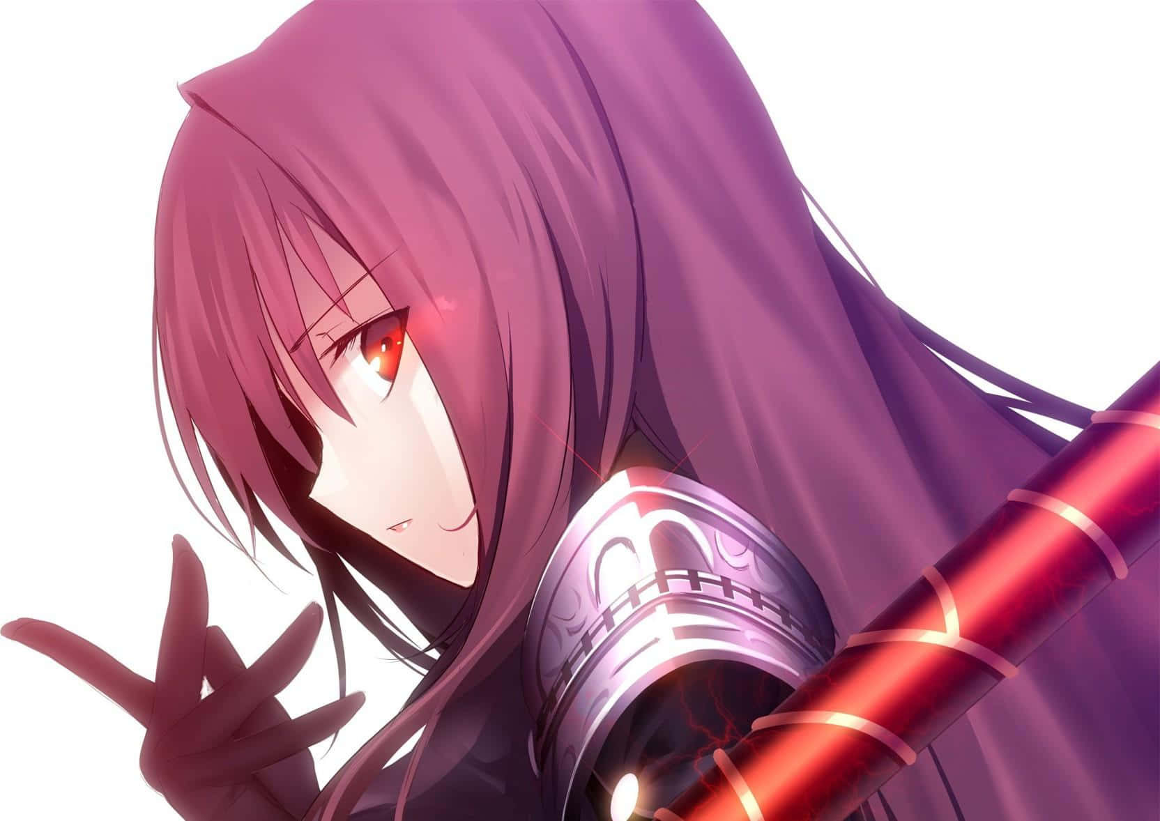 Scathach Skadi, purple-haired anime girl, red eyes, HD Desktop Wallpaper
