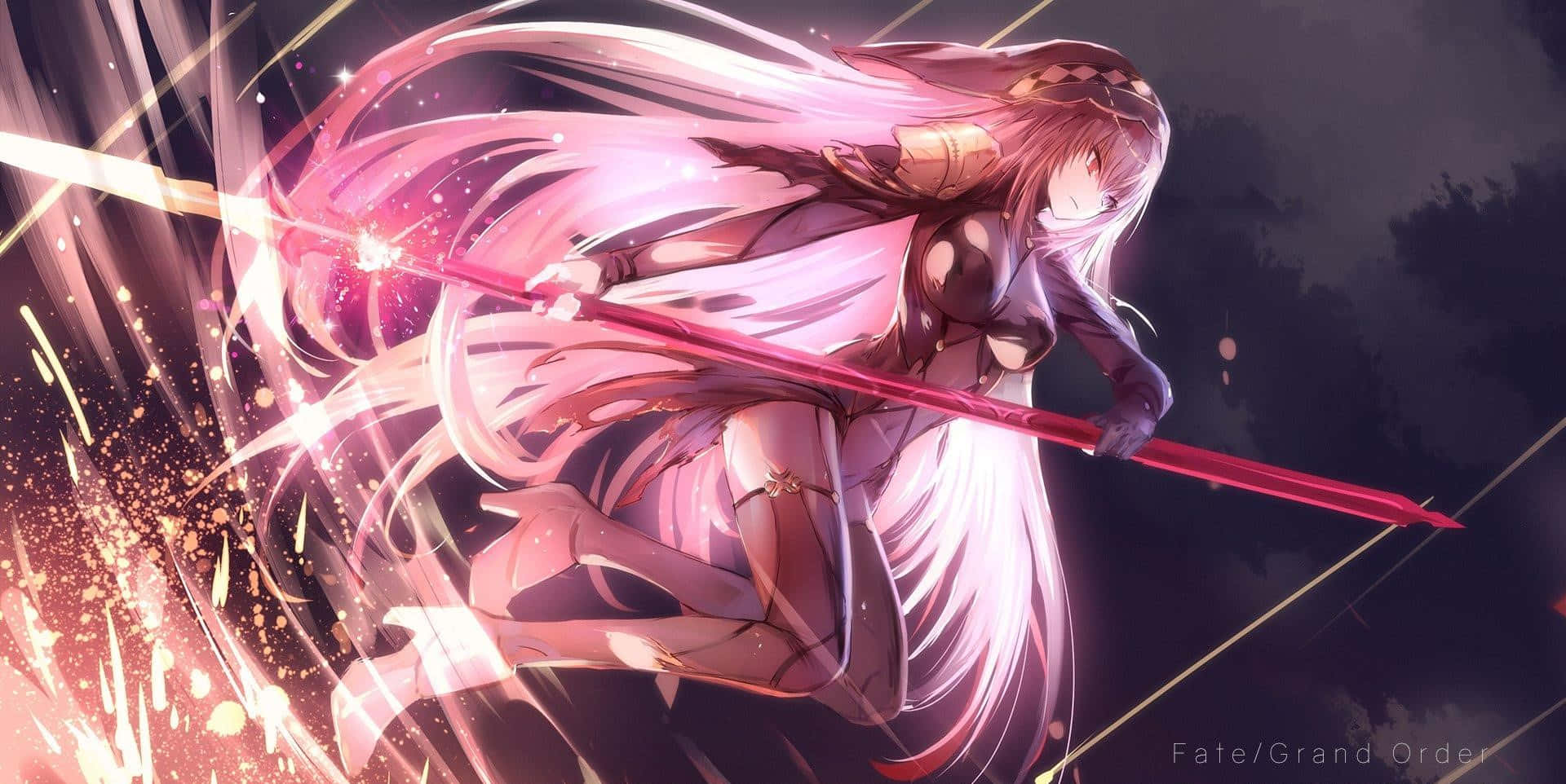 Scathach Skadi, pink hair, glowing red spear, Full HD Desktop Wallpaper