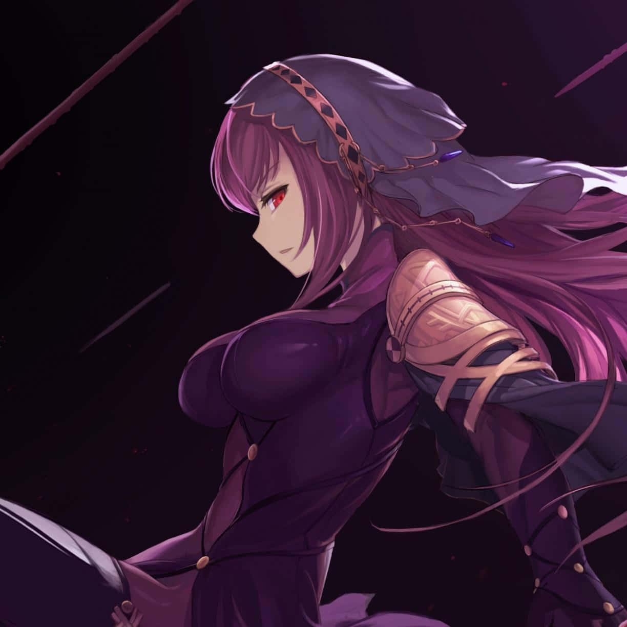 Scathach Skadi, purple-haired, red eyes, SD Desktop Wallpaper