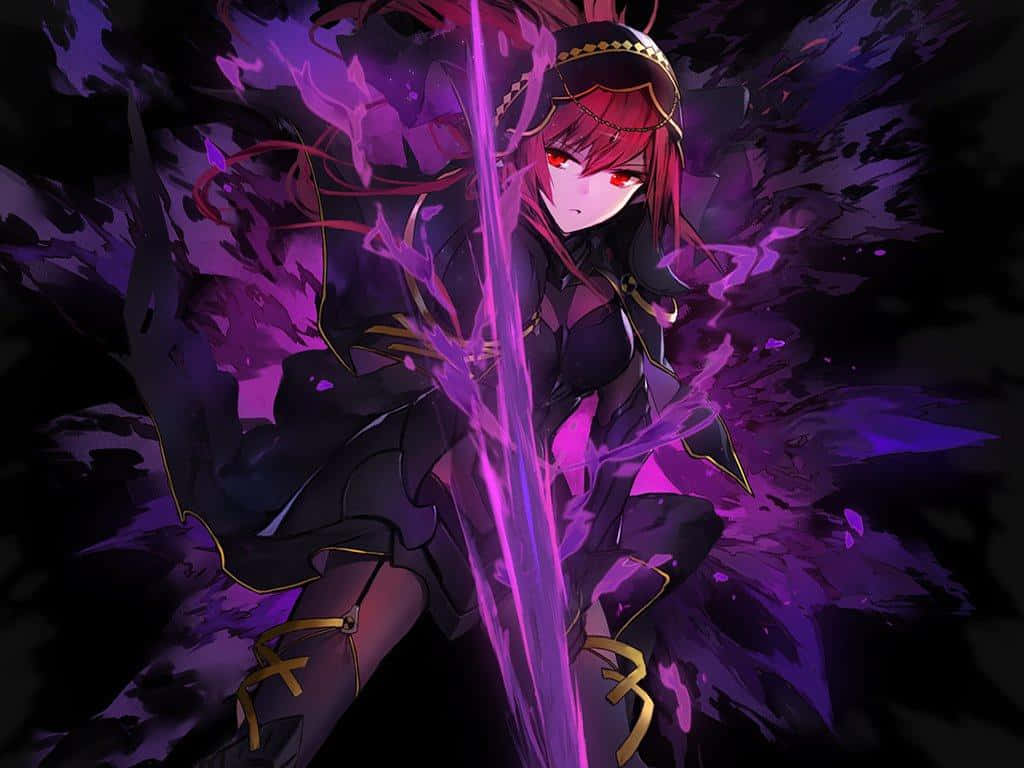 Scathach Skadi, red hair, glowing eyes, SD Desktop Wallpaper