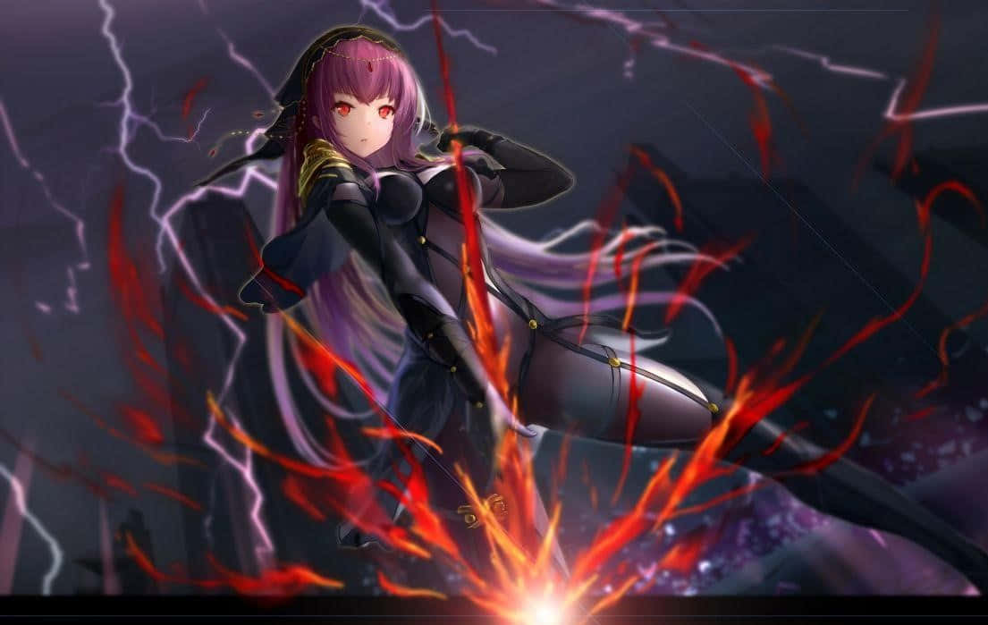 Scathach Skadi, purple-haired anime girl, black armor, SD Desktop Wallpaper