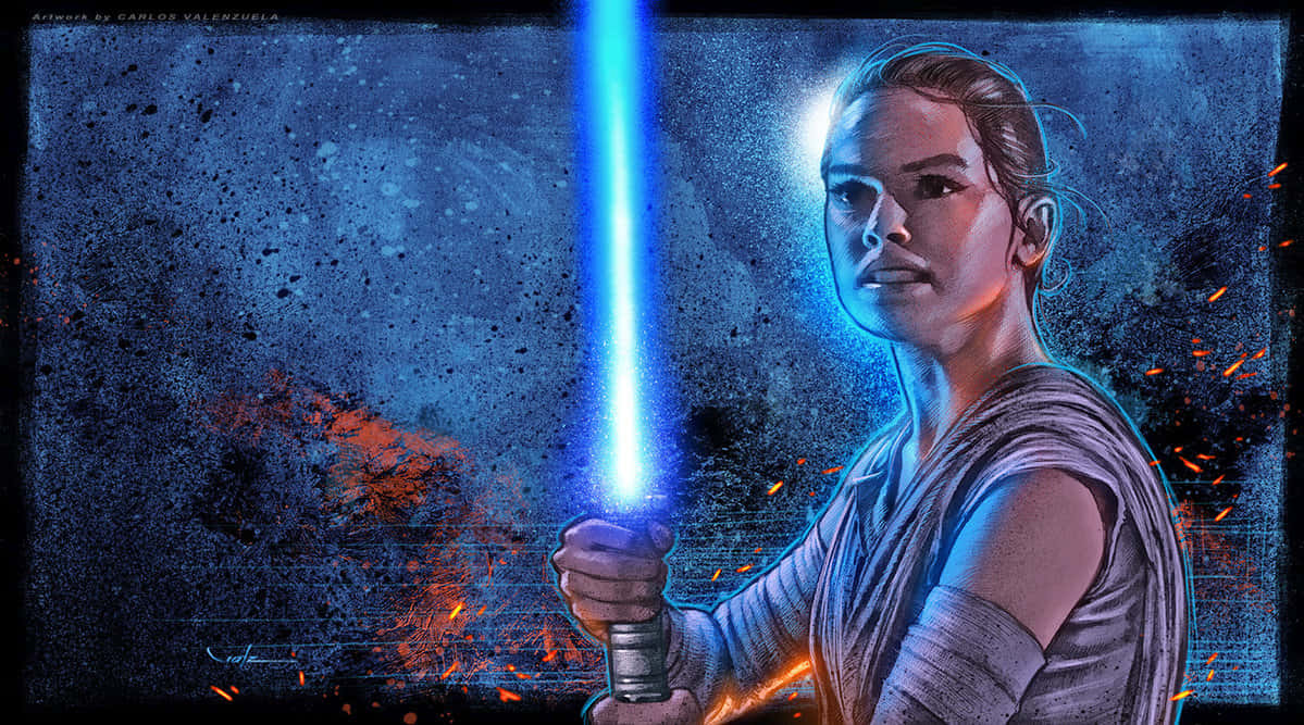 Scavenger, glowing blue lightsaber, cosmic backdrop, SD Desktop Wallpaper
