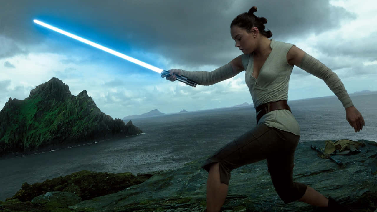 scavenger, blue lightsaber, rocky cliff, HD Desktop Wallpaper