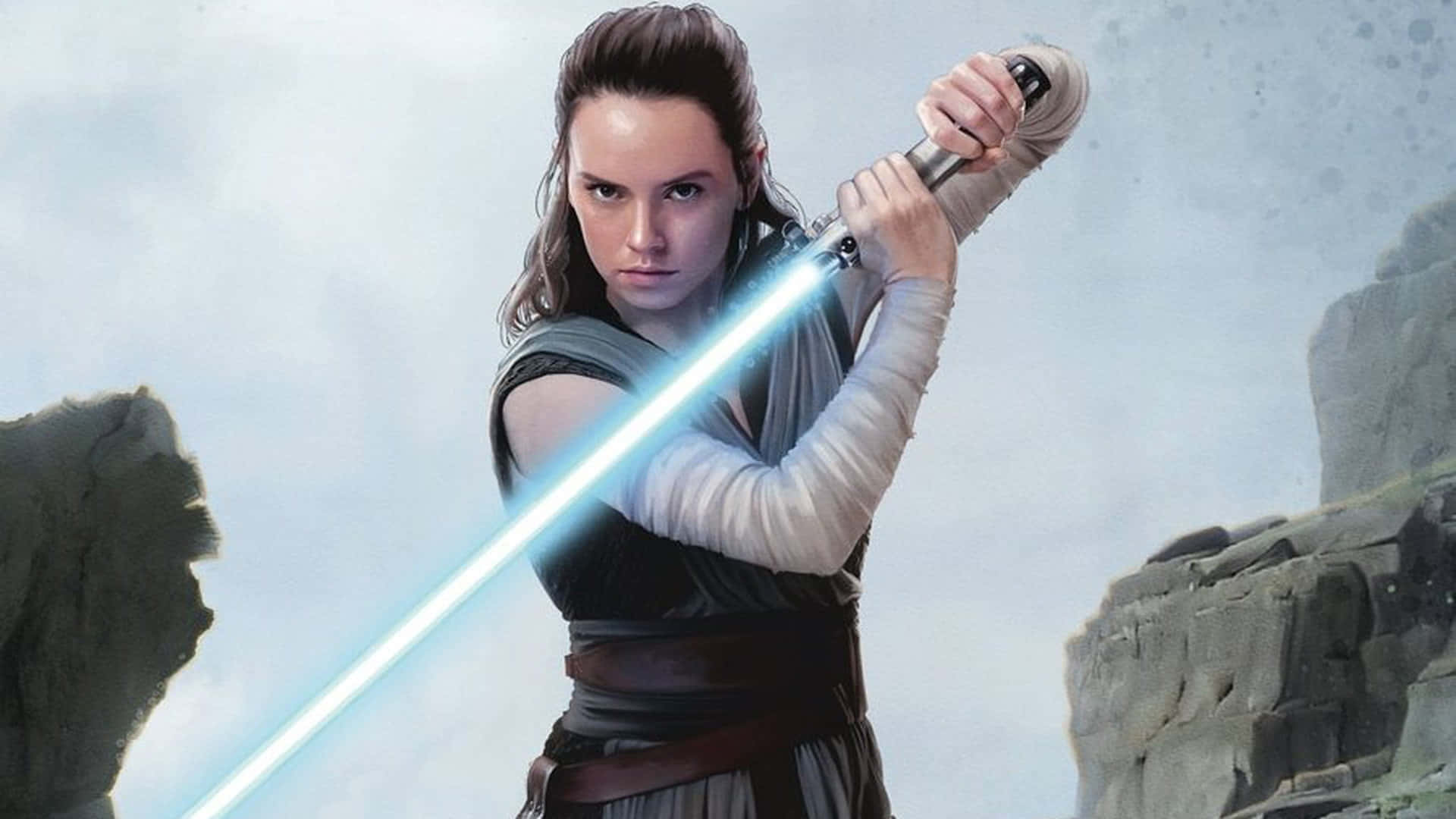 Scavenger, glowing blue lightsaber, rocky cliffs, Full HD Desktop Wallpaper