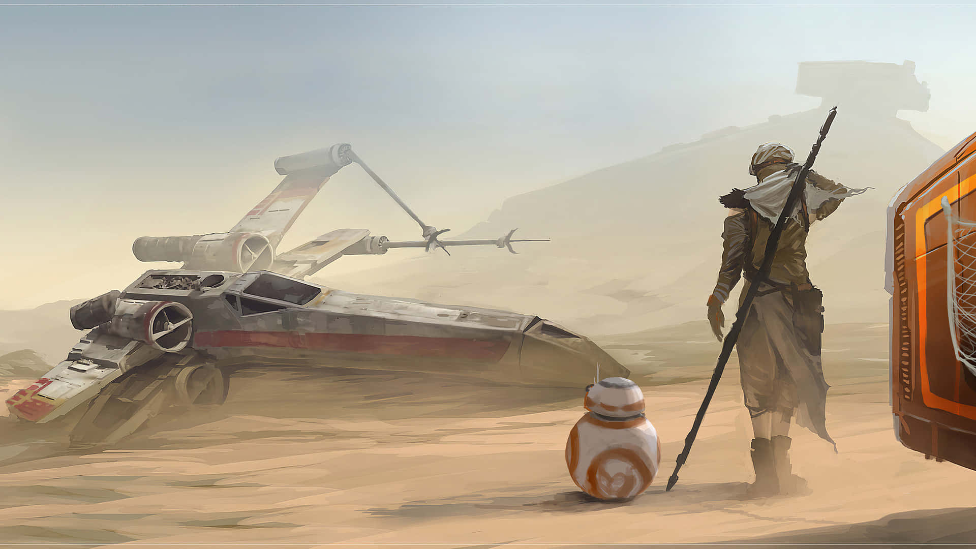 Scavenger, wrecked starfighter, dusty desert landscape, Full HD Desktop Wallpaper