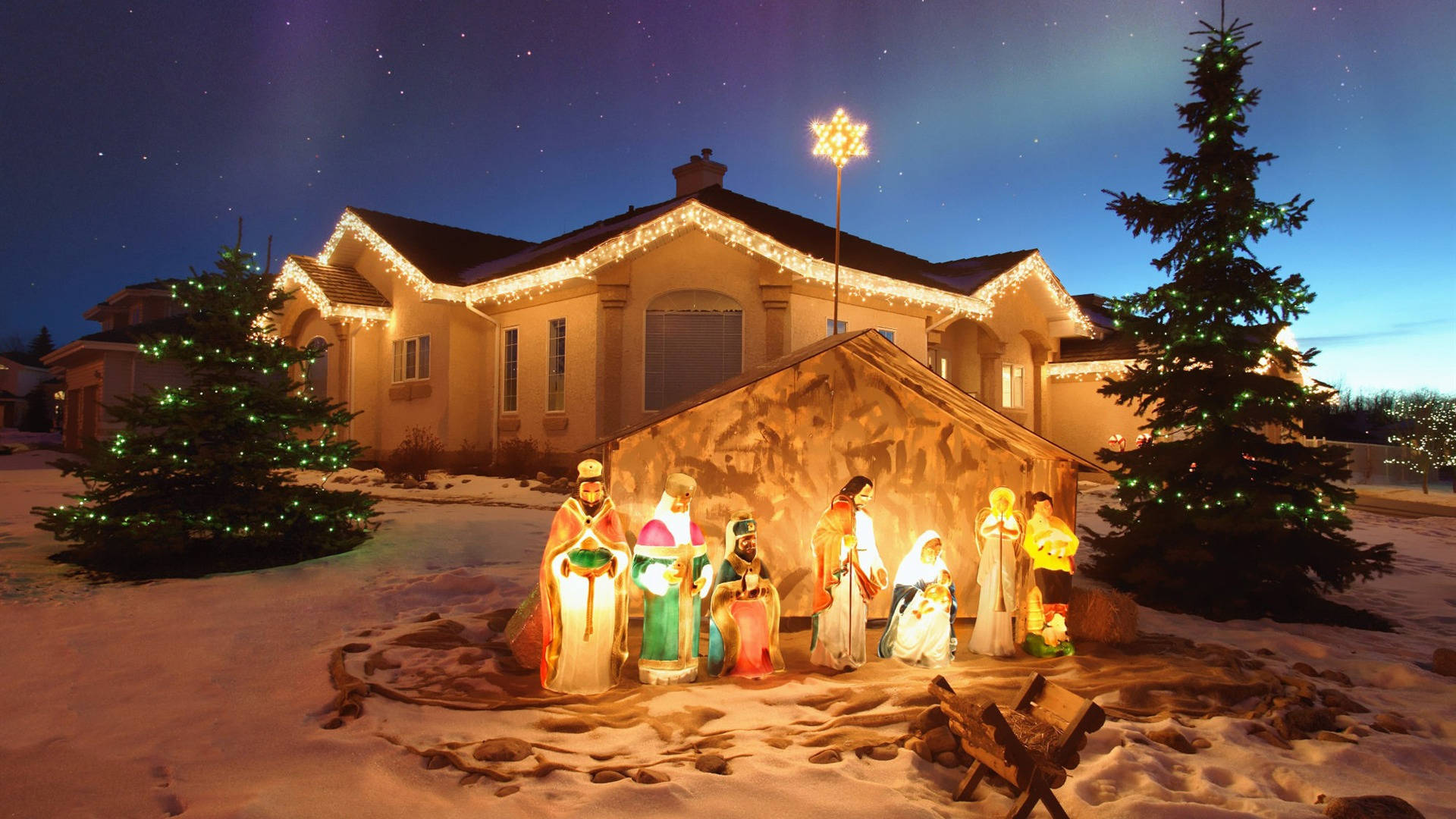 outdoor nativity scene, glowing figures, decorated trees, Full HD Desktop Wallpaper