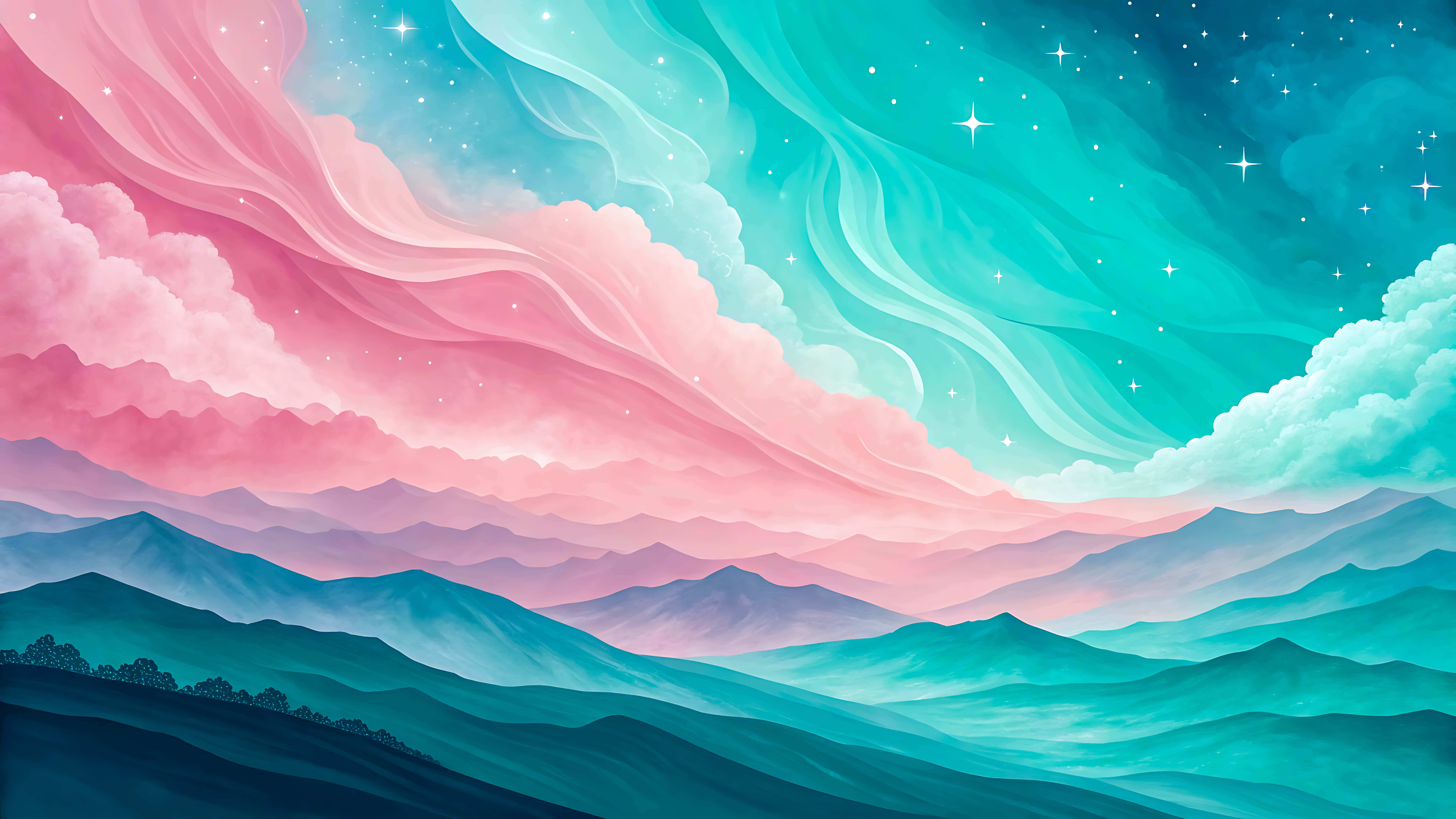 pink clouds, teal mountains, auroras, 8K Desktop Wallpaper