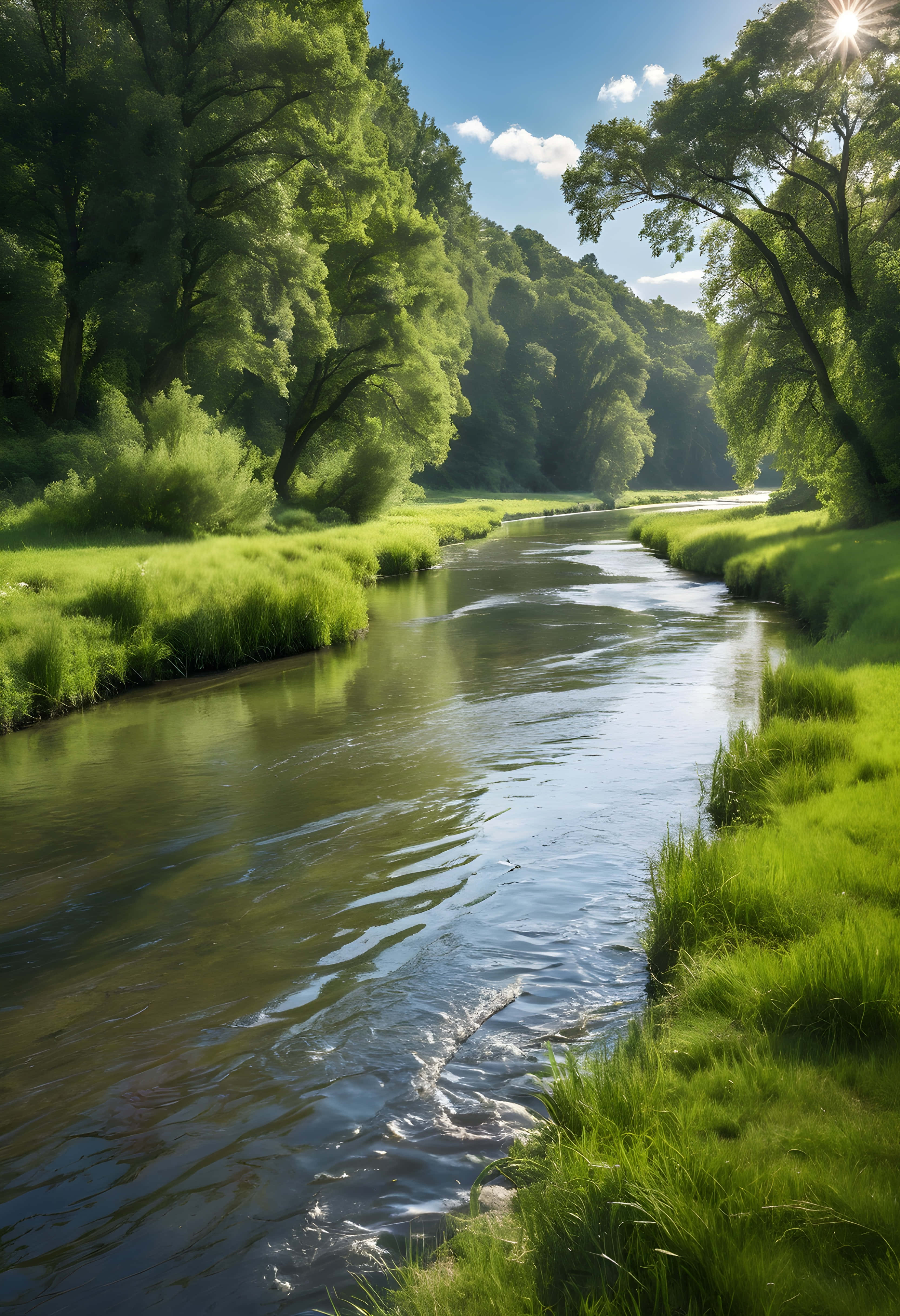 lake in the forest, sunlit river, lush green forests, 4K Phone Wallpaper